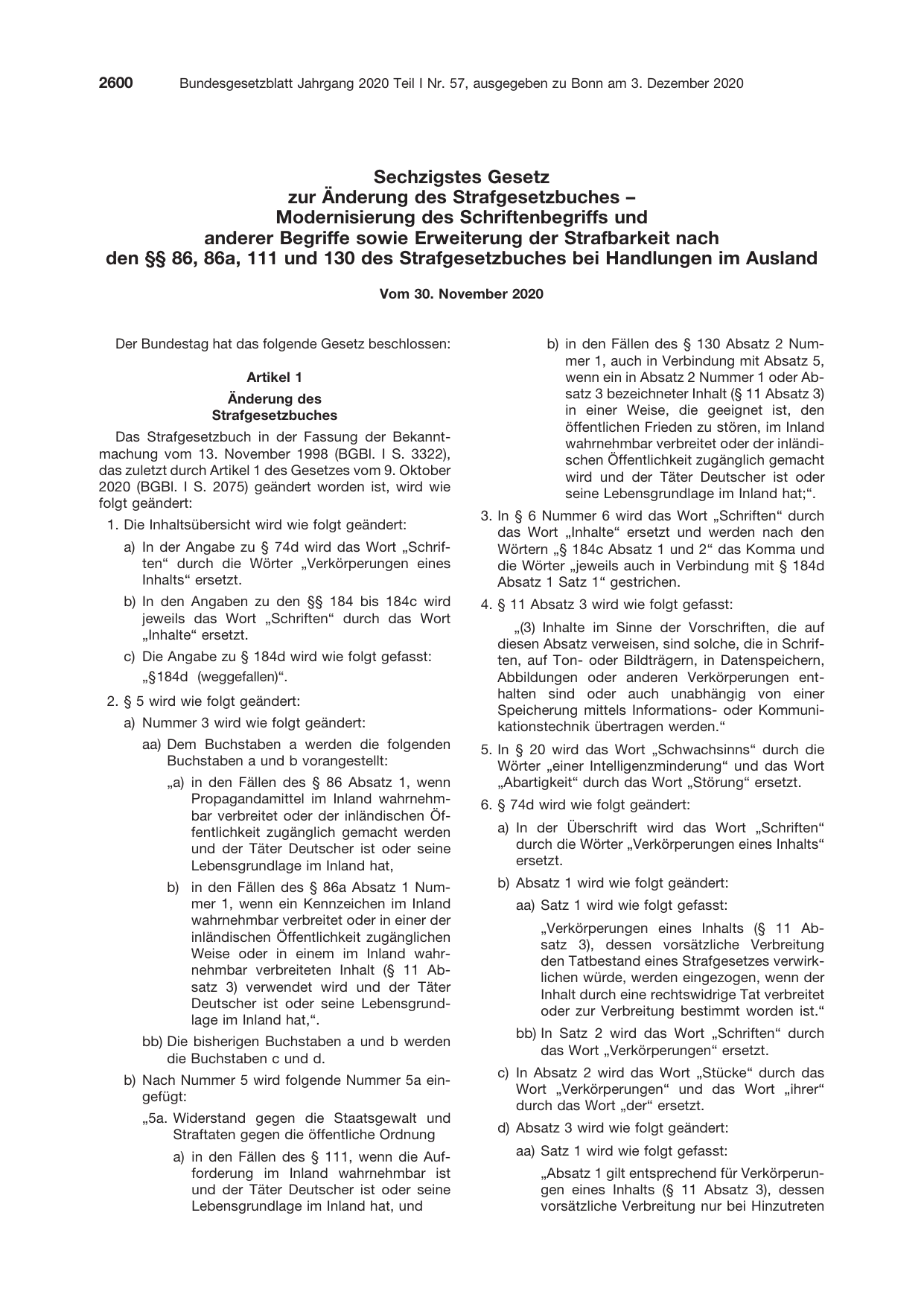 BGBl. 2020, Seite 2600 — Originalseite als Abbildung