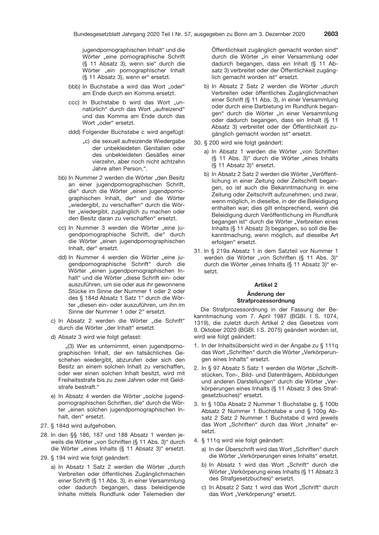 BGBl. 2020, Seite 2603 — Originalseite als Abbildung