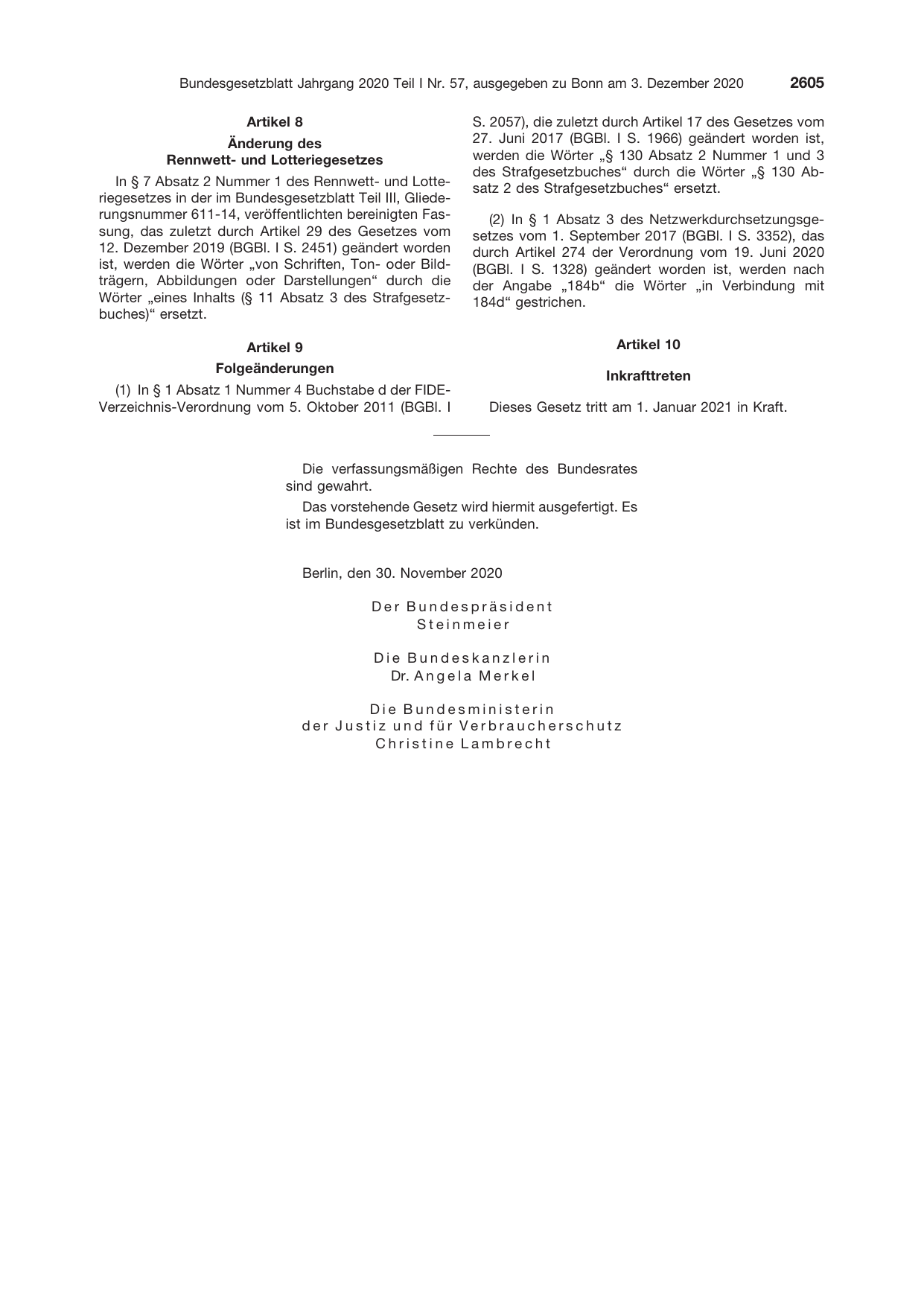 BGBl. 2020, Seite 2605 — Originalseite als Abbildung