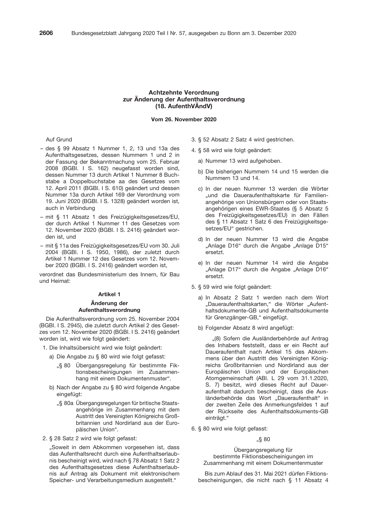BGBl. 2020, Seite 2606 — Originalseite als Abbildung