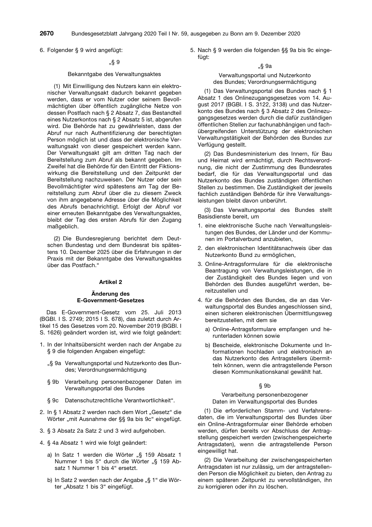 BGBl. 2020, Seite 2670 — Originalseite als Abbildung