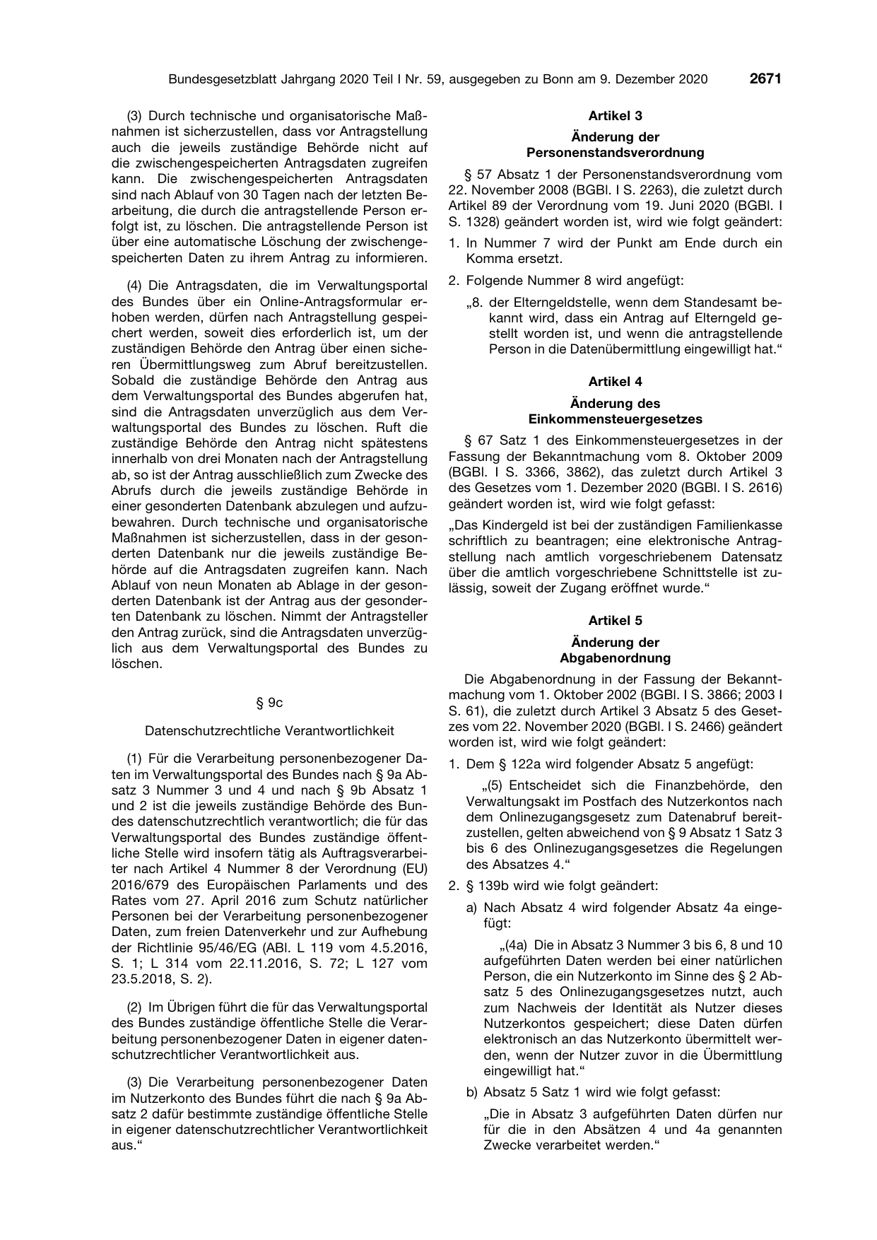 BGBl. 2020, Seite 2671 — Originalseite als Abbildung