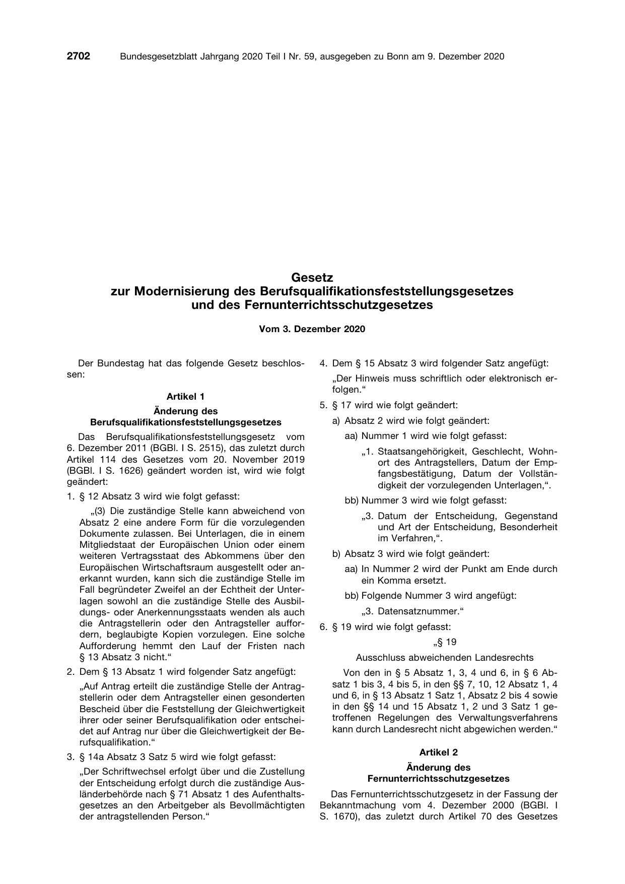 BGBl. 2020, Seite 2702 — Originalseite als Abbildung
