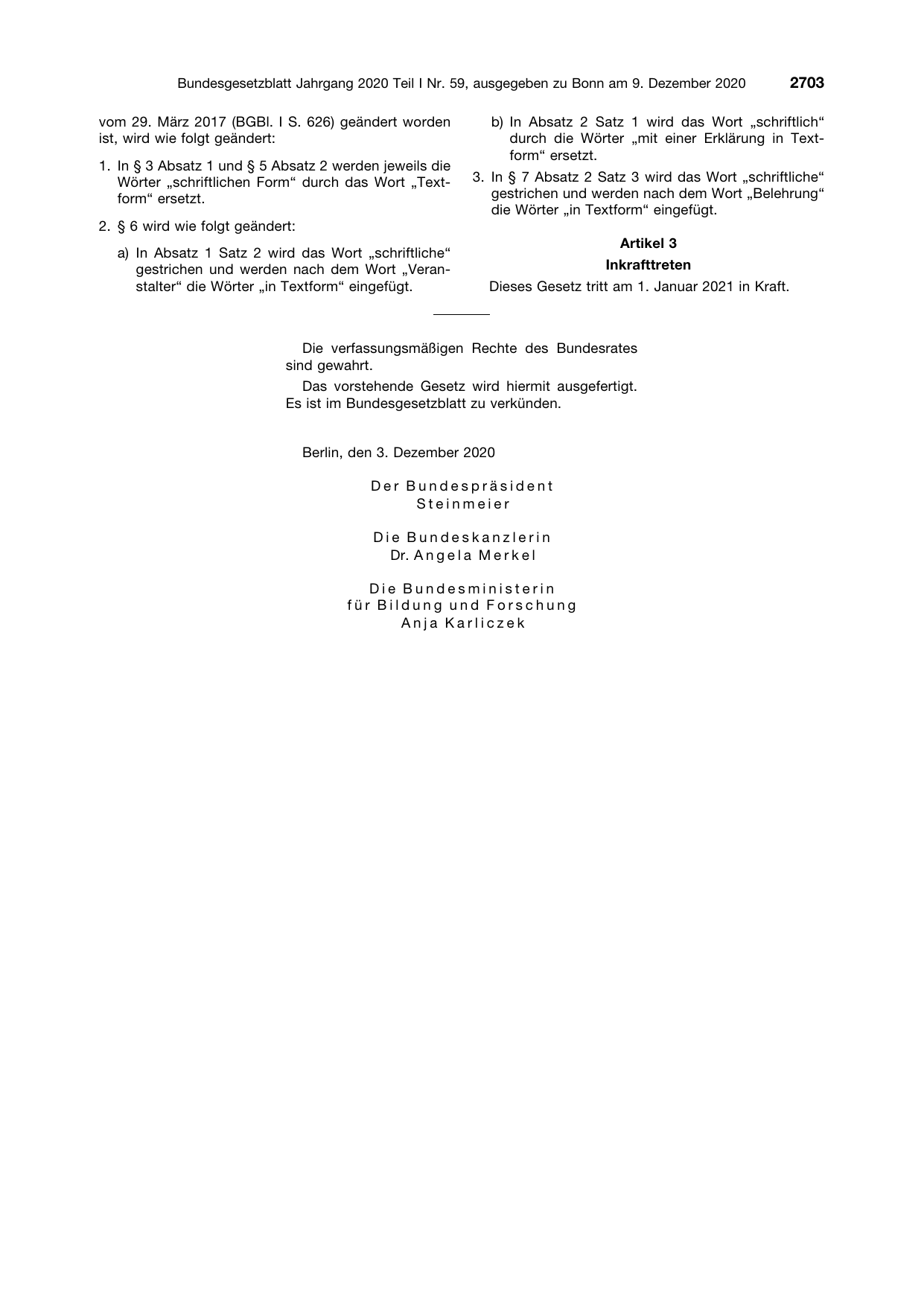 BGBl. 2020, Seite 2703 — Originalseite als Abbildung
