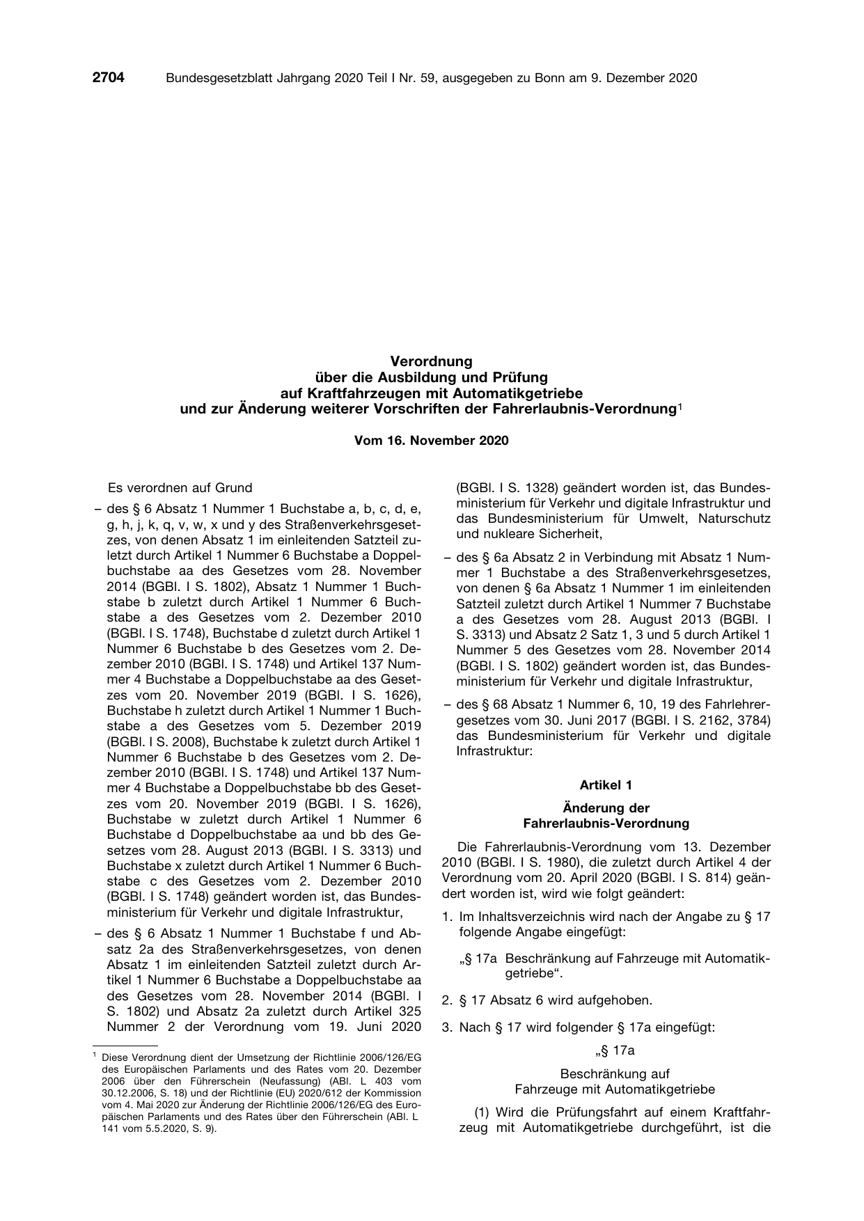 BGBl. 2020, Seite 2704 — Originalseite als Abbildung