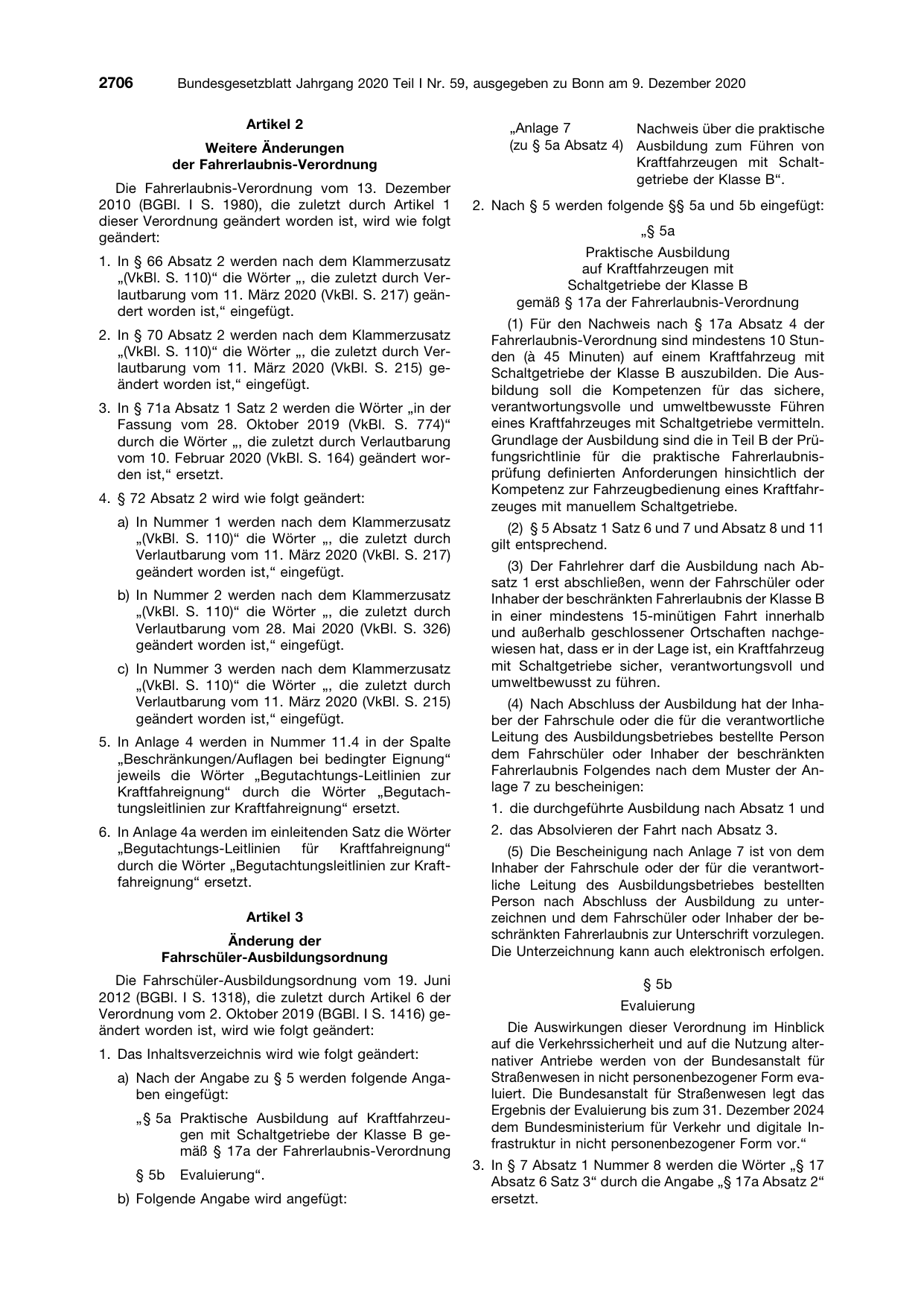 BGBl. 2020, Seite 2706 — Originalseite als Abbildung