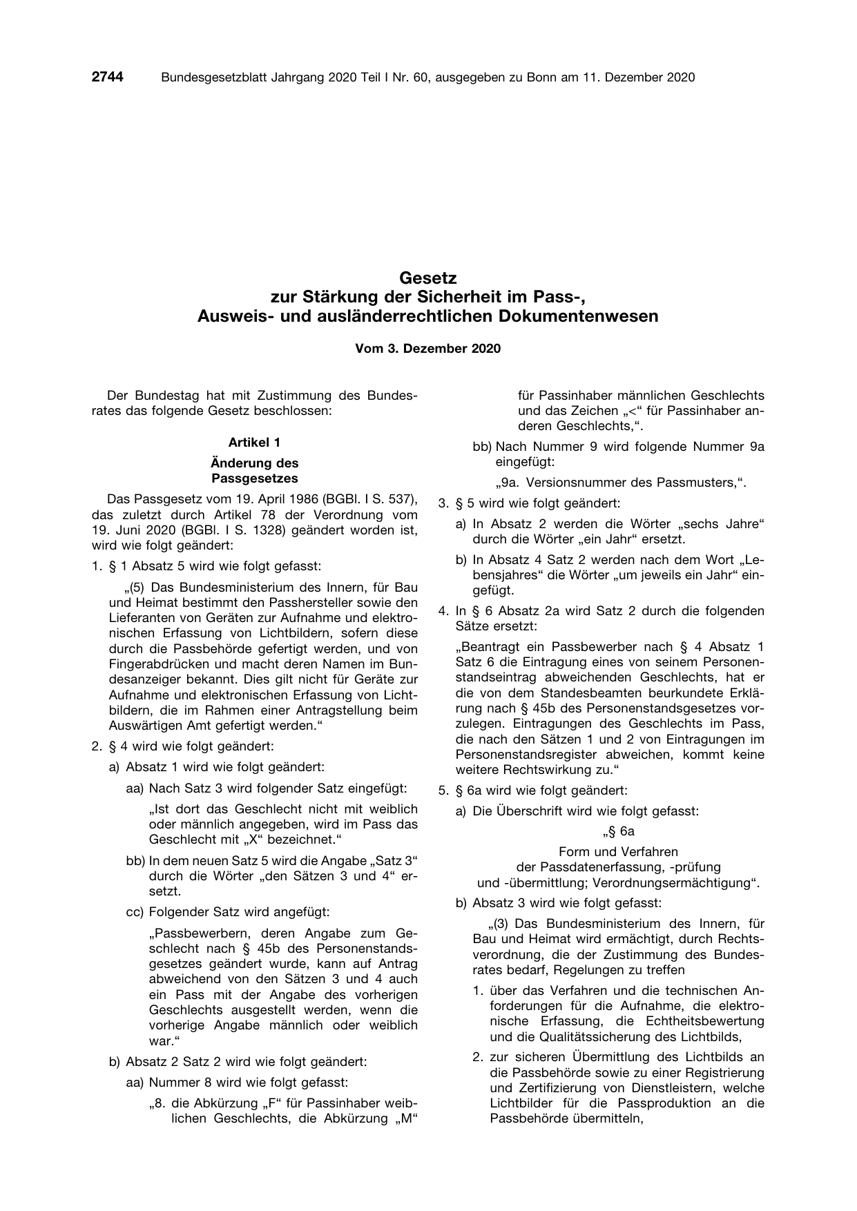 BGBl. 2020, Seite 2744 — Originalseite als Abbildung