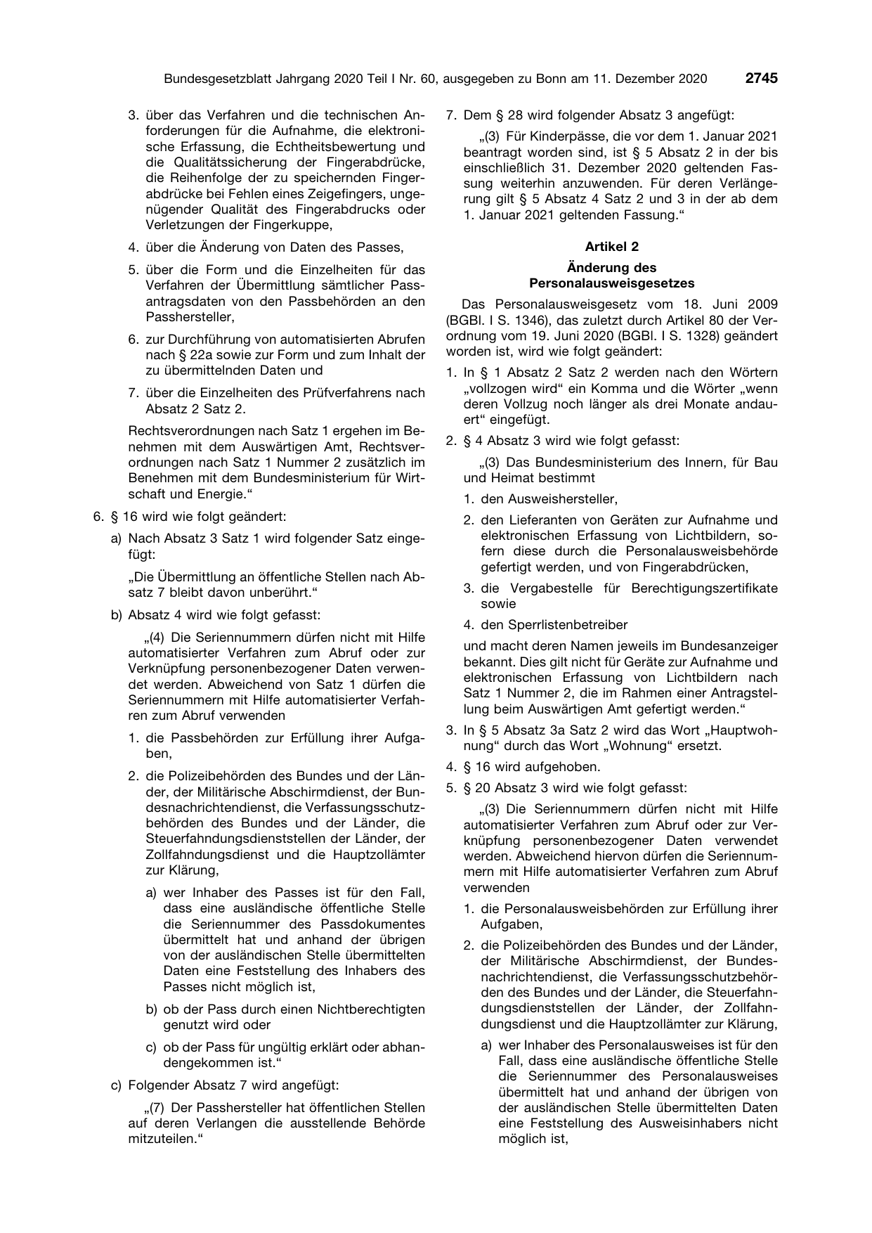 BGBl. 2020, Seite 2745 — Originalseite als Abbildung