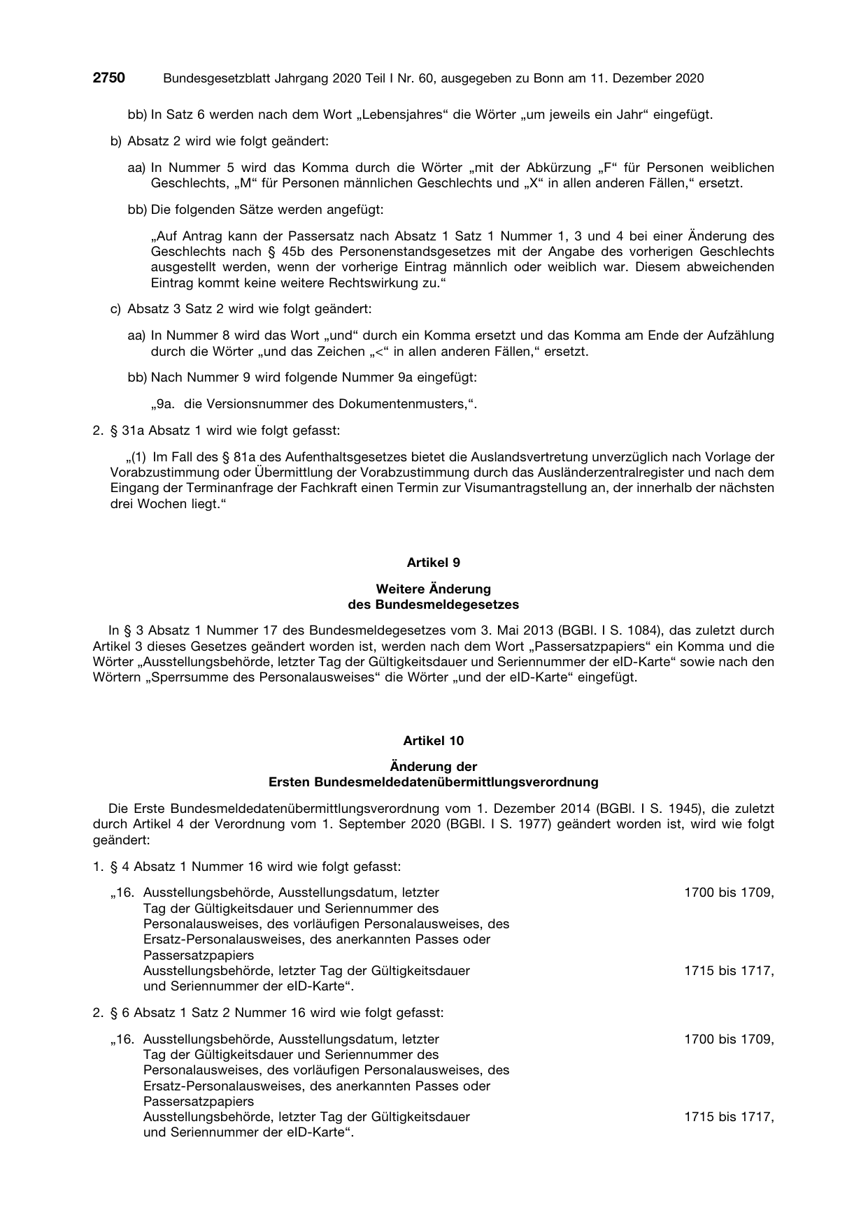 BGBl. 2020, Seite 2750 — Originalseite als Abbildung