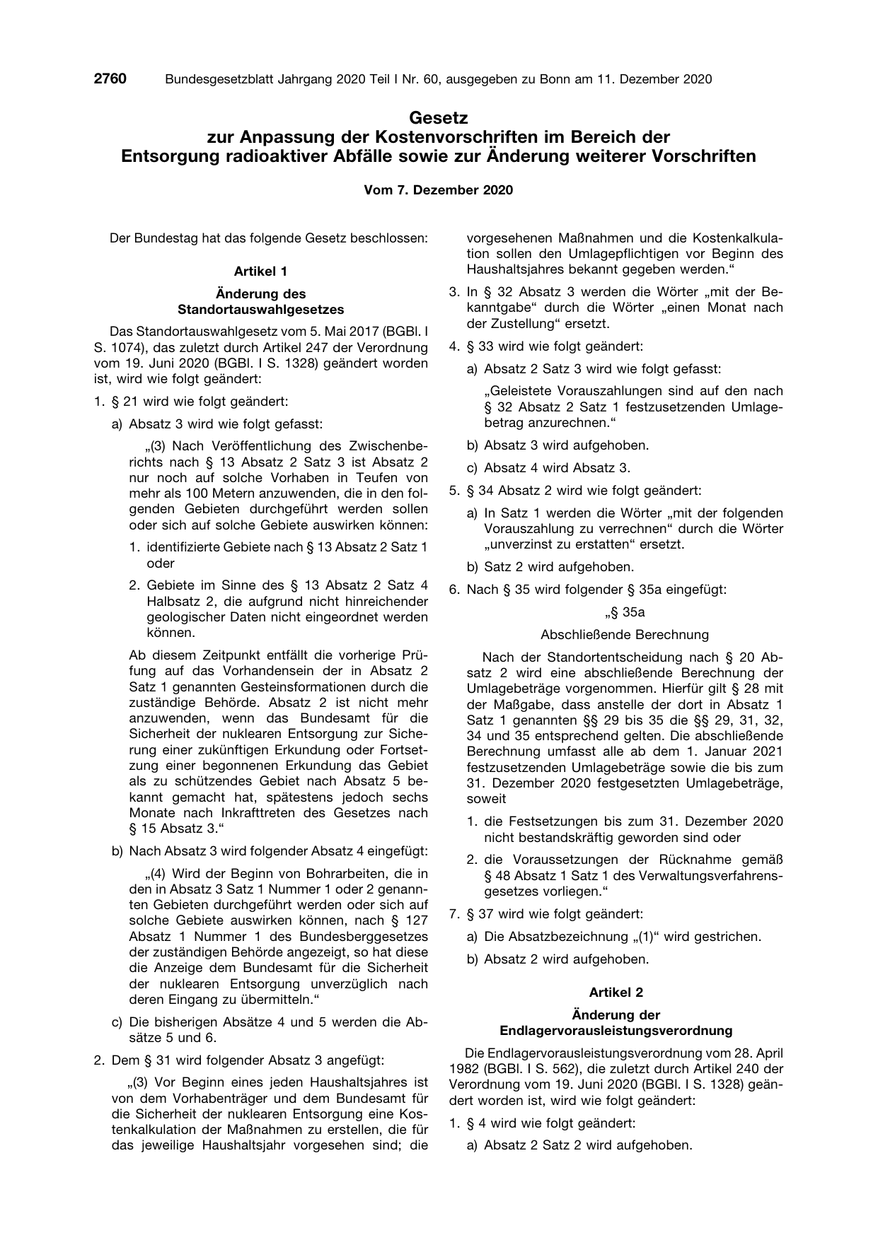 BGBl. 2020, Seite 2760 — Originalseite als Abbildung