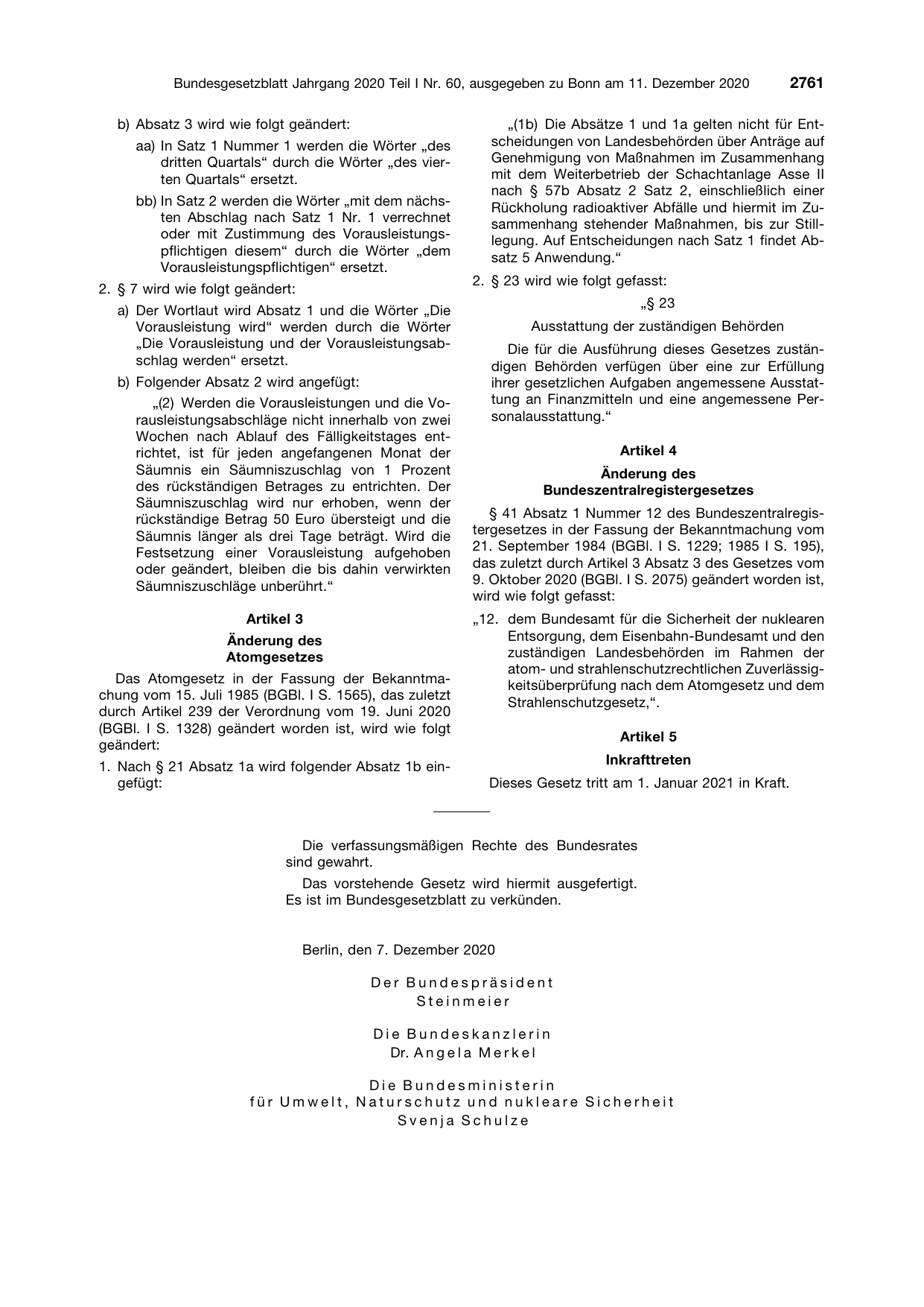 BGBl. 2020, Seite 2761 — Originalseite als Abbildung