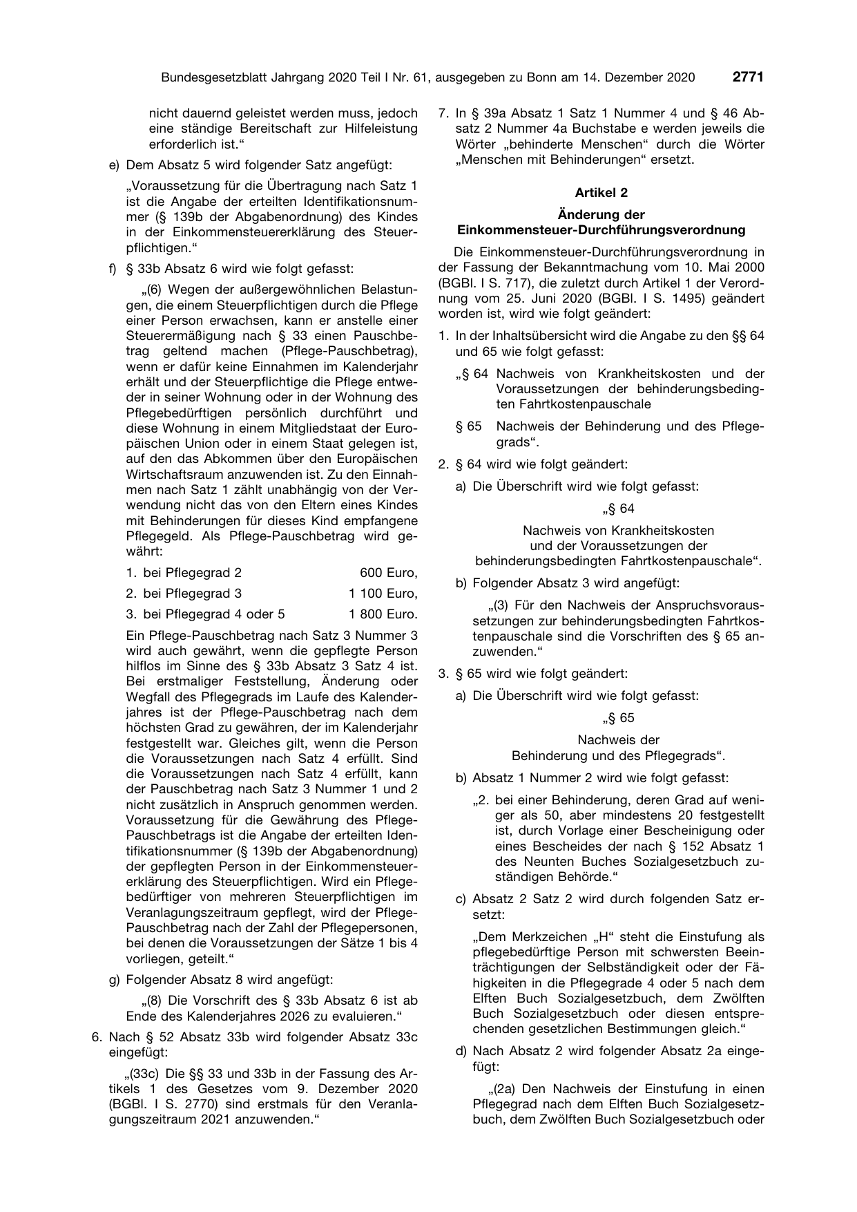 BGBl. 2020, Seite 2771 — Originalseite als Abbildung