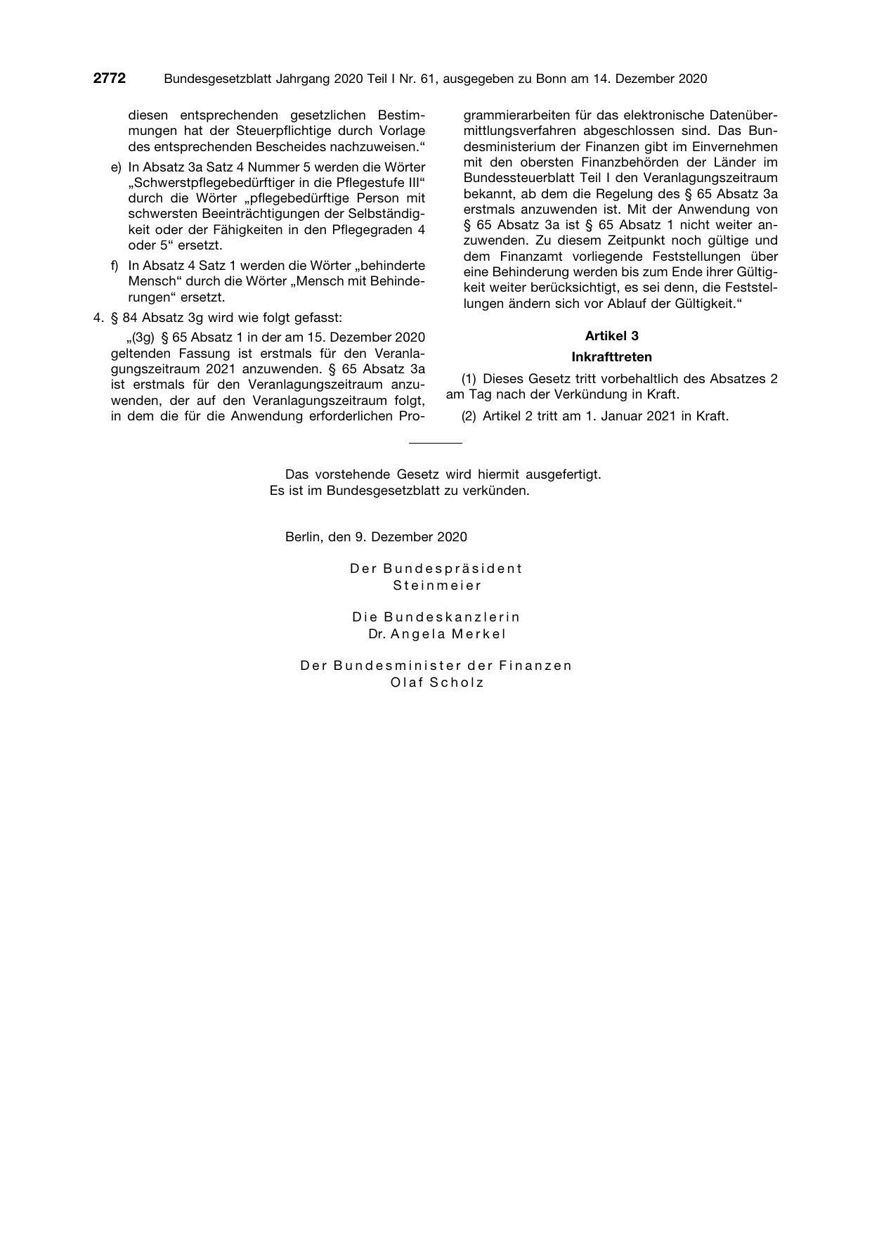 BGBl. 2020, Seite 2772 — Originalseite als Abbildung