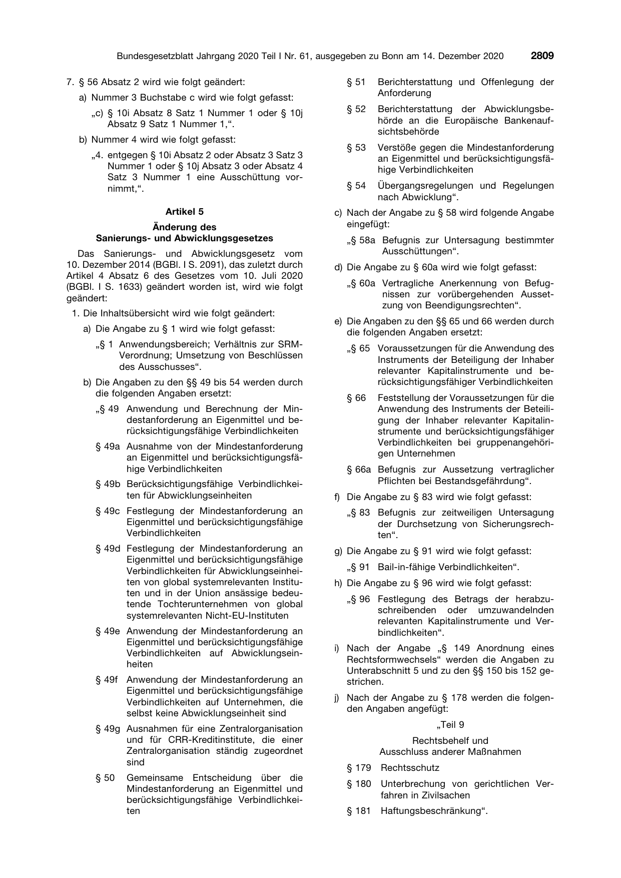 BGBl. 2020, Seite 2809 — Originalseite als Abbildung