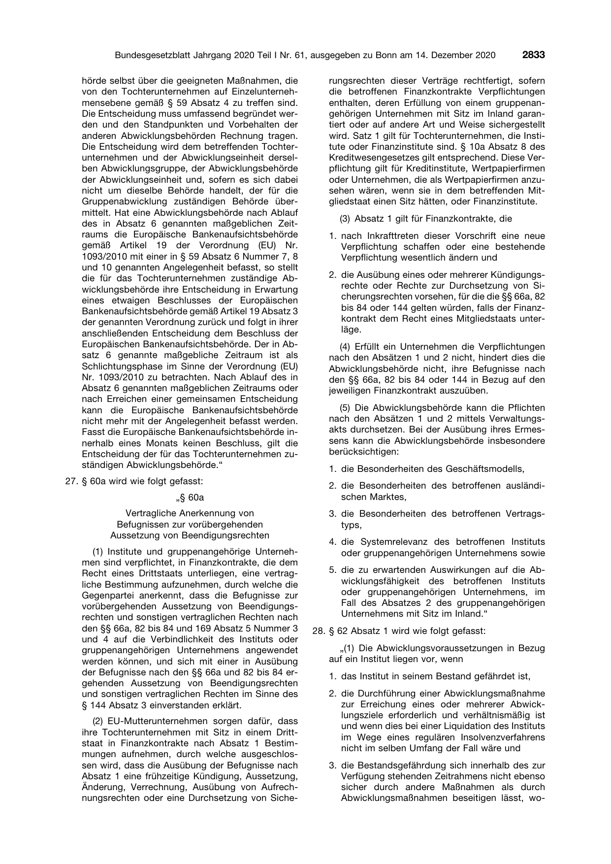 BGBl. 2020, Seite 2833 — Originalseite als Abbildung