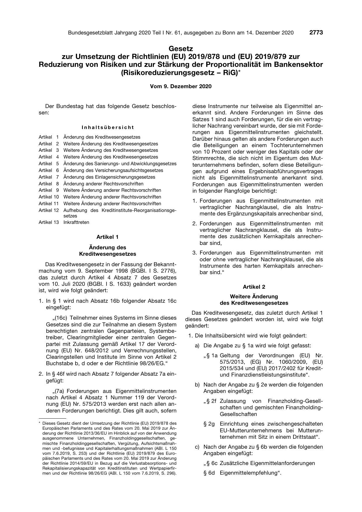 BGBl. 2020, Seite 2773 — Originalseite als Abbildung