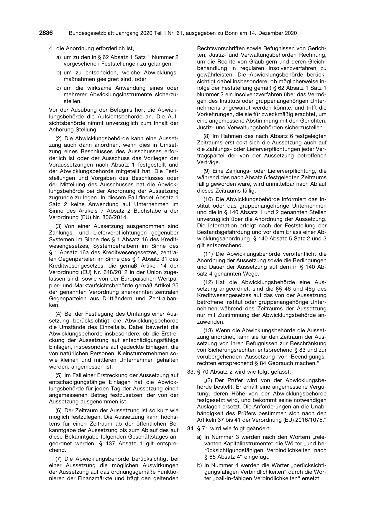 BGBl. 2020, Seite 2836 — Originalseite als Abbildung