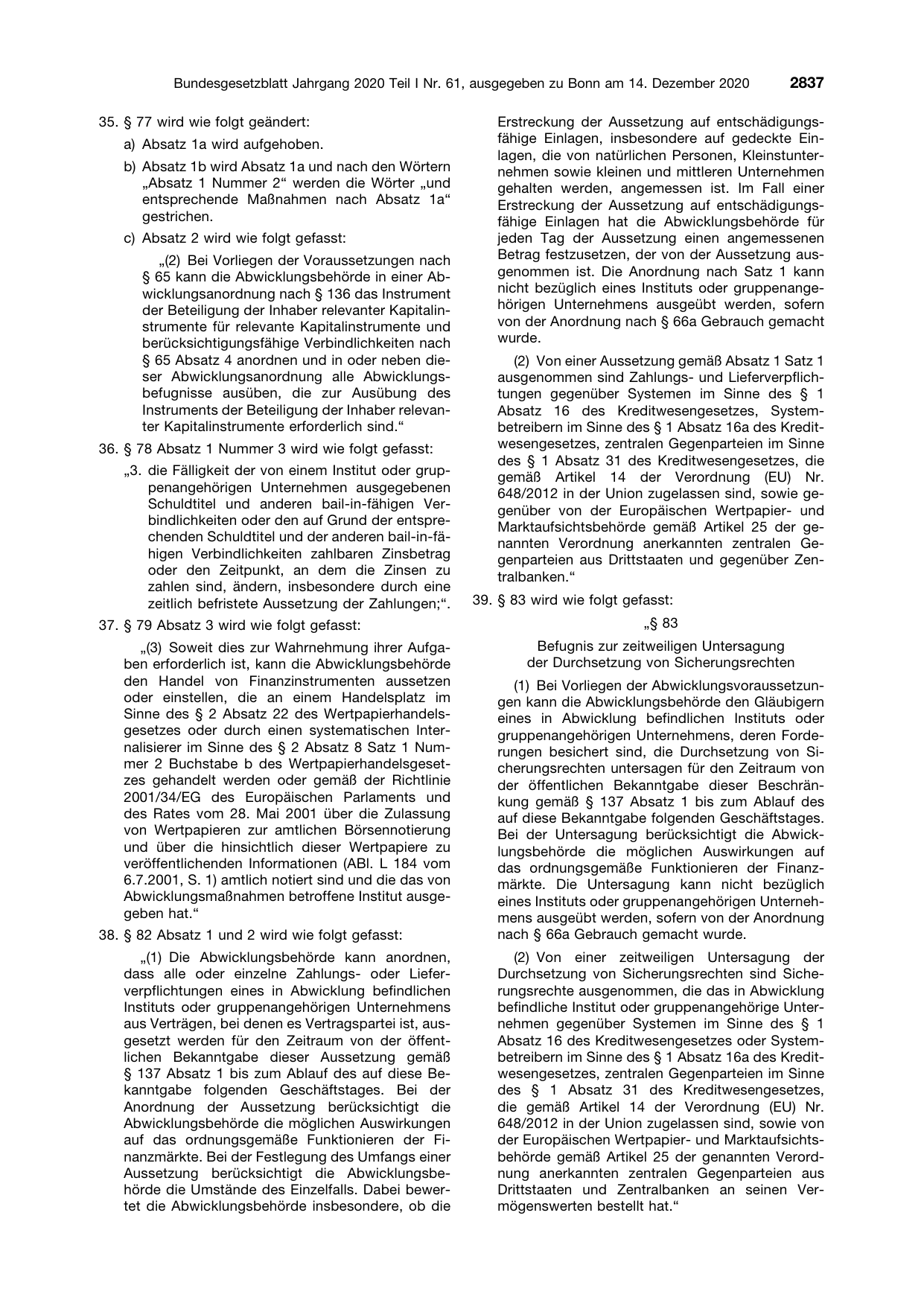 BGBl. 2020, Seite 2837 — Originalseite als Abbildung
