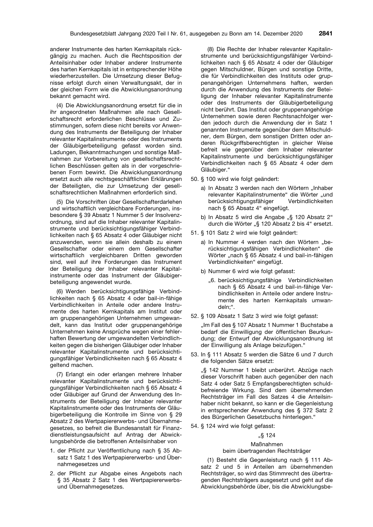 BGBl. 2020, Seite 2841 — Originalseite als Abbildung