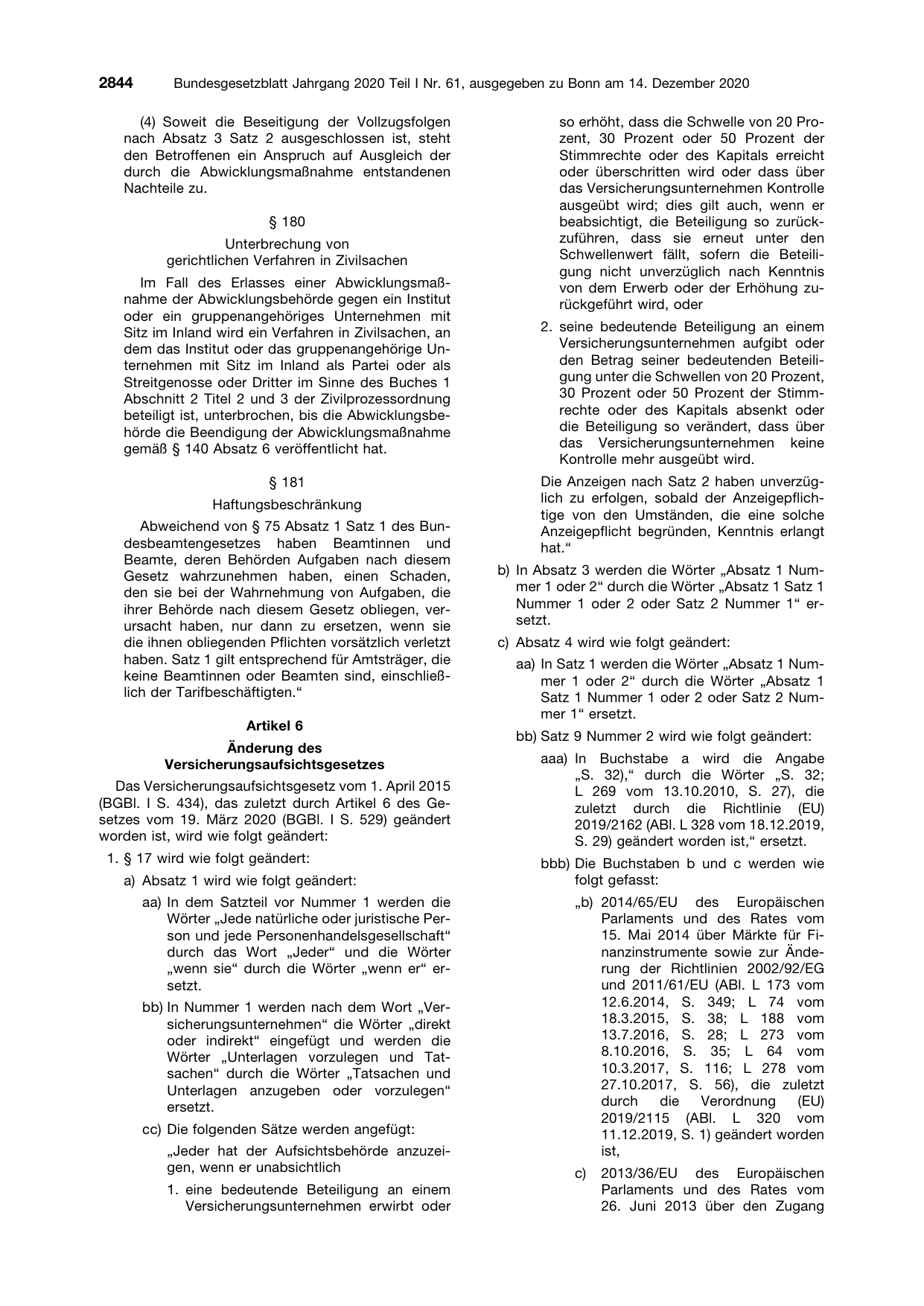 BGBl. 2020, Seite 2844 — Originalseite als Abbildung