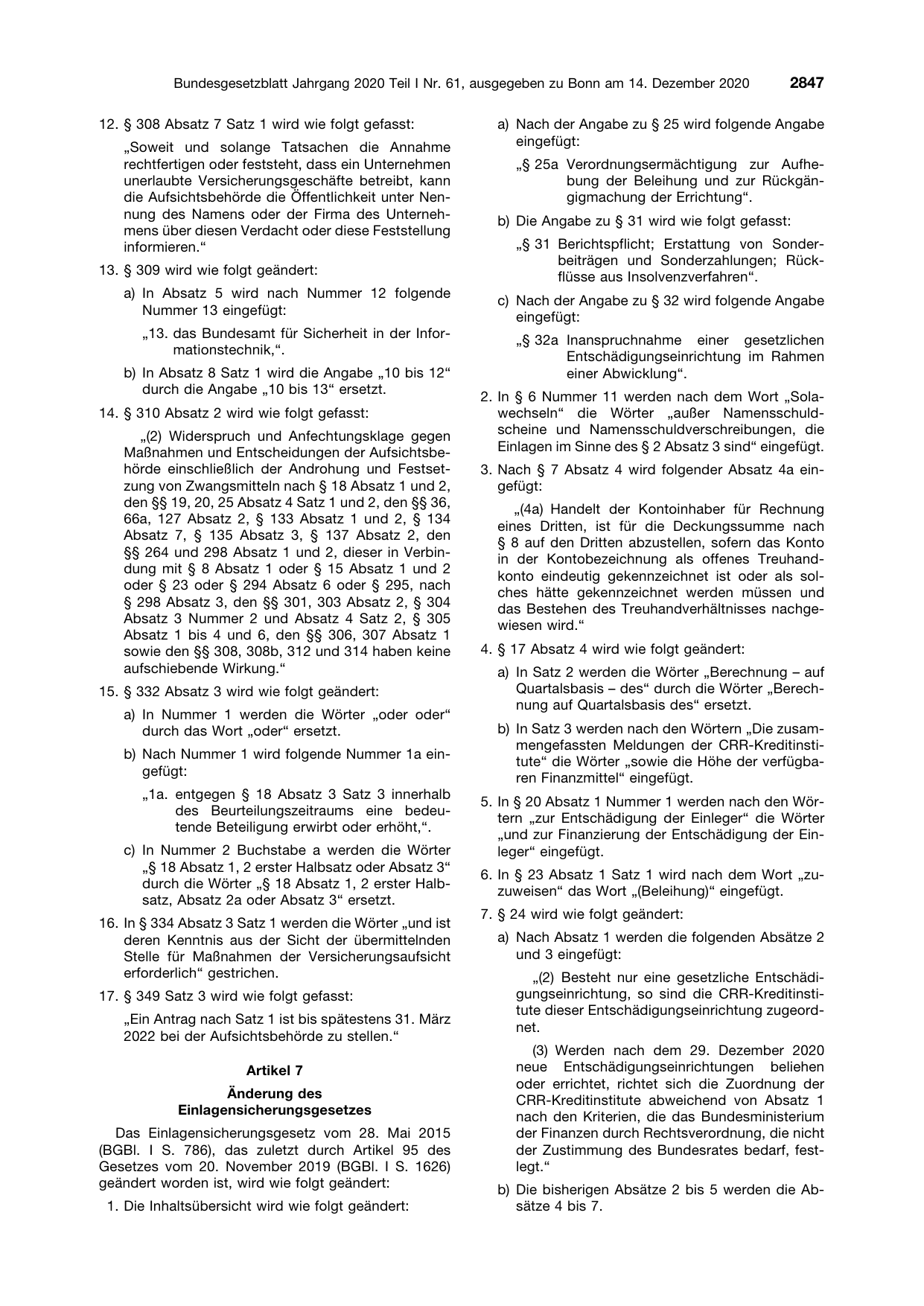 BGBl. 2020, Seite 2847 — Originalseite als Abbildung
