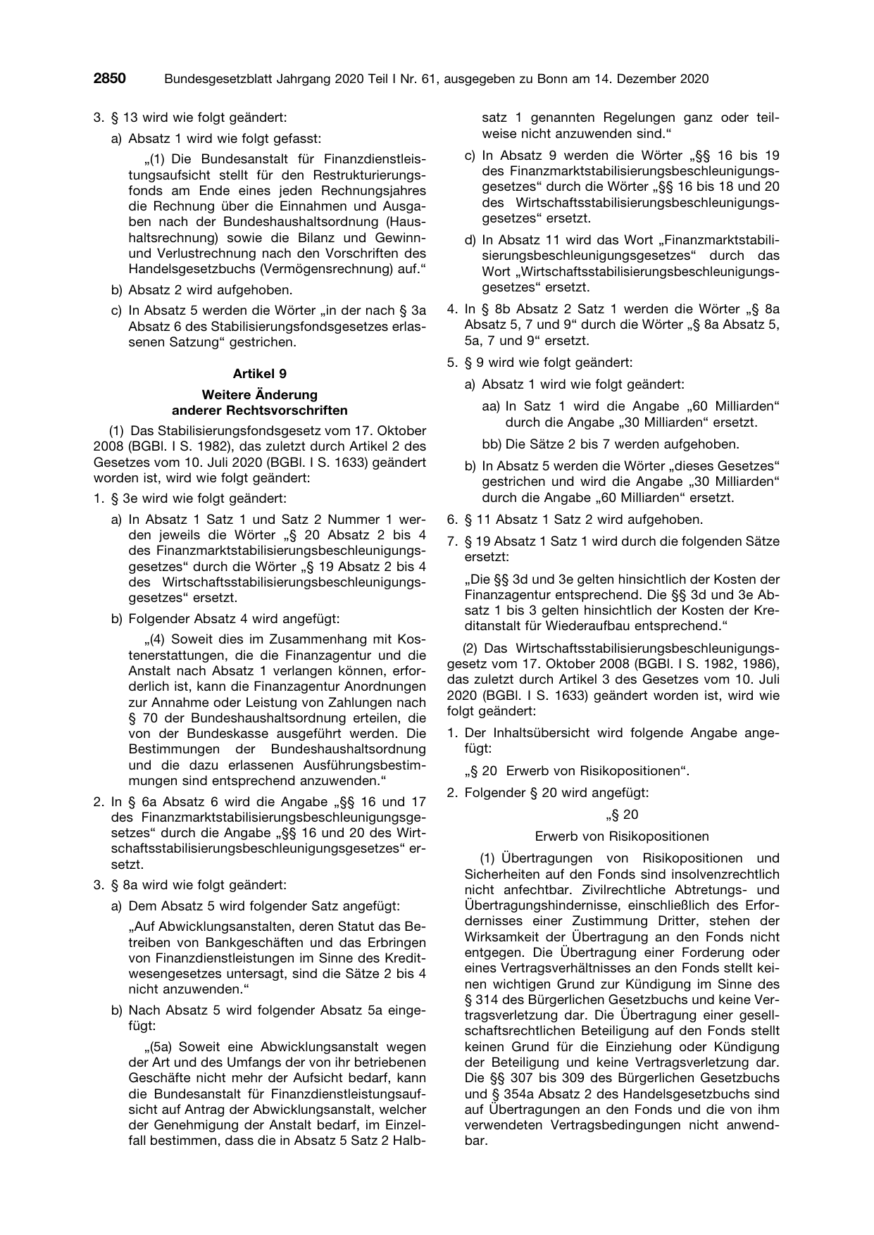 BGBl. 2020, Seite 2850 — Originalseite als Abbildung