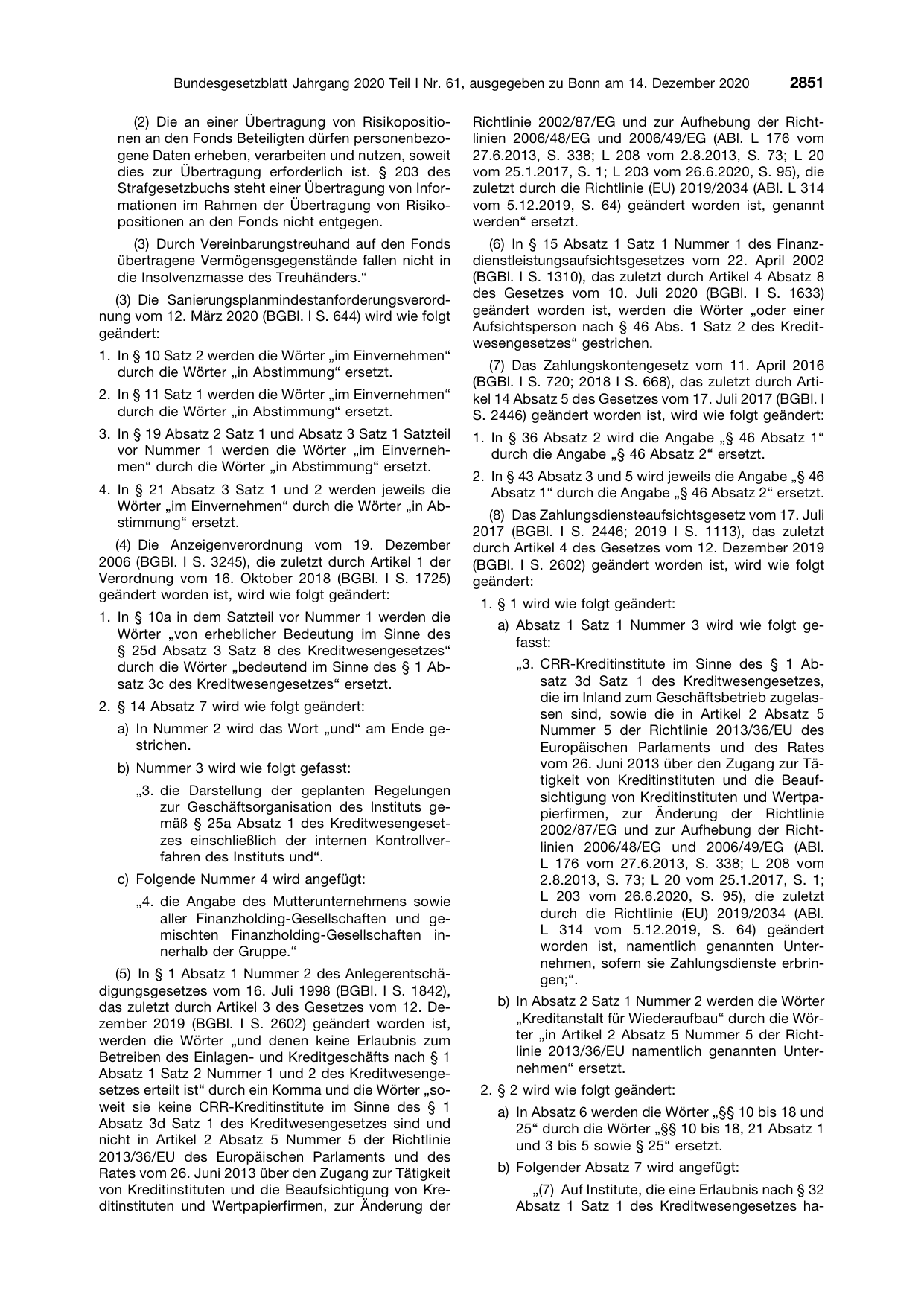 BGBl. 2020, Seite 2851 — Originalseite als Abbildung
