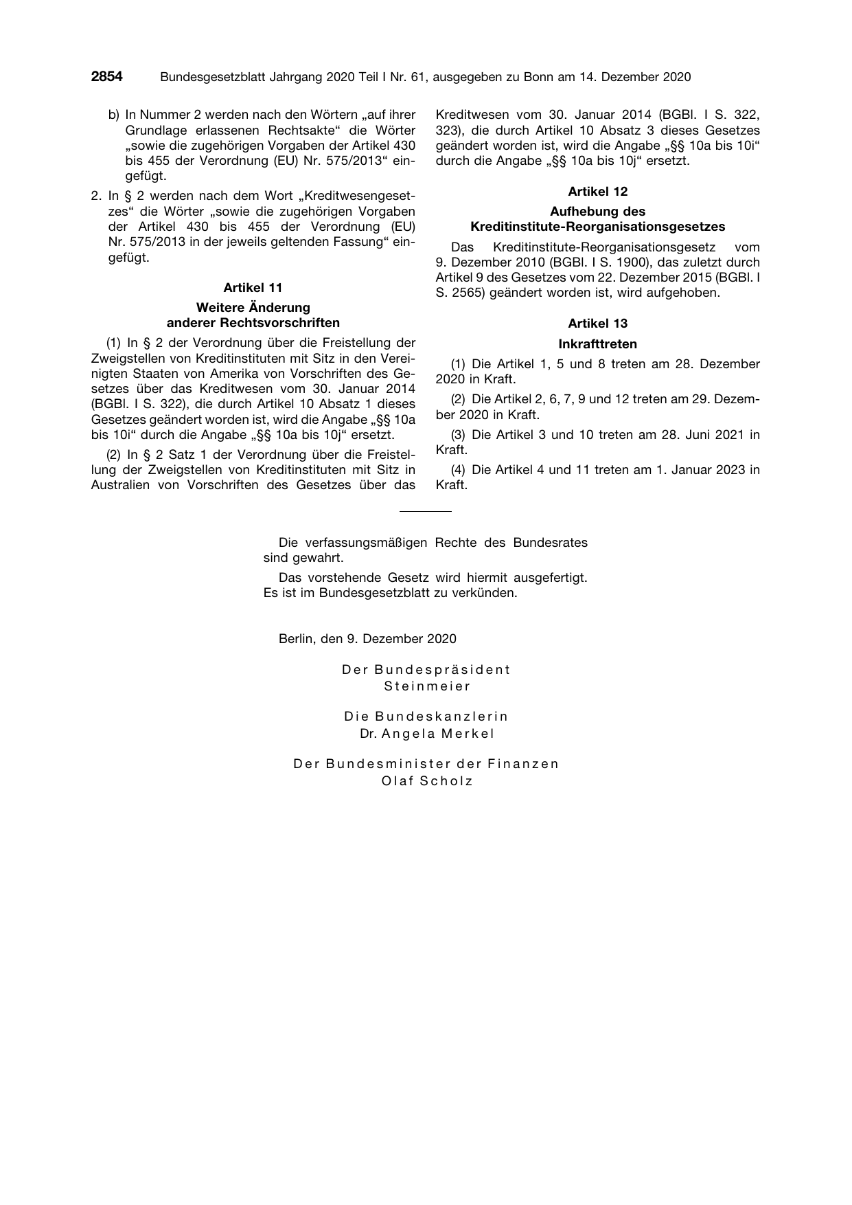 BGBl. 2020, Seite 2854 — Originalseite als Abbildung