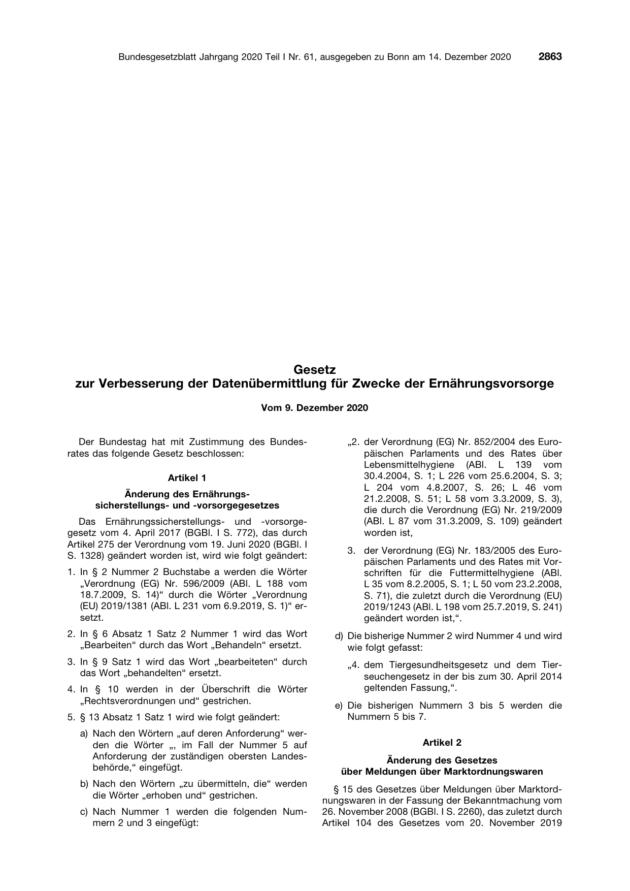 BGBl. 2020, Seite 2863 — Originalseite als Abbildung