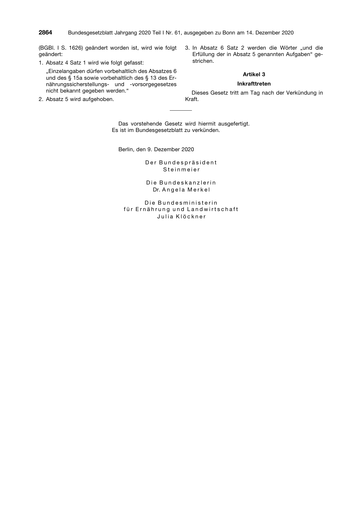 BGBl. 2020, Seite 2864 — Originalseite als Abbildung
