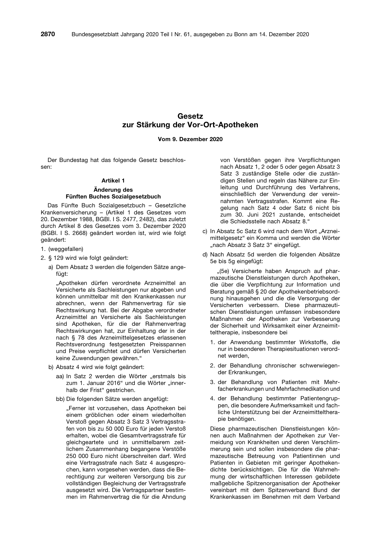 BGBl. 2020, Seite 2870 — Originalseite als Abbildung