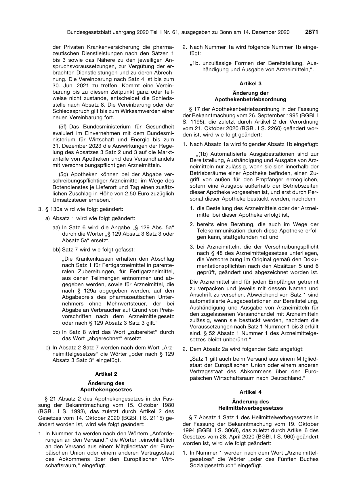 BGBl. 2020, Seite 2871 — Originalseite als Abbildung