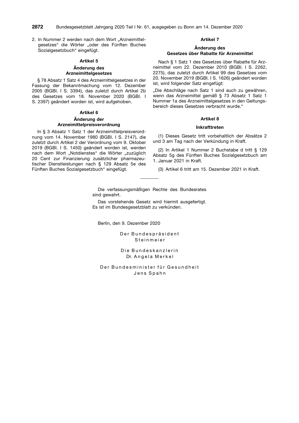 BGBl. 2020, Seite 2872 — Originalseite als Abbildung