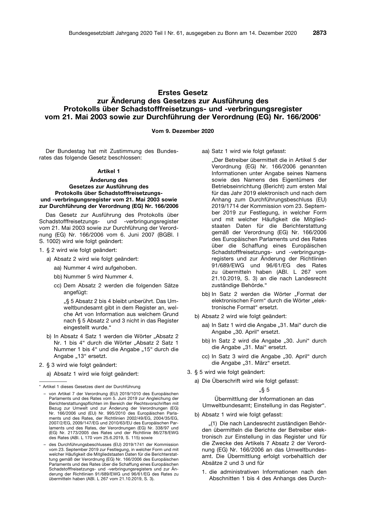 BGBl. 2020, Seite 2873 — Originalseite als Abbildung