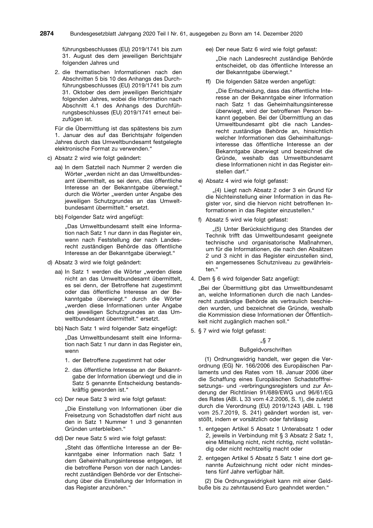 BGBl. 2020, Seite 2874 — Originalseite als Abbildung