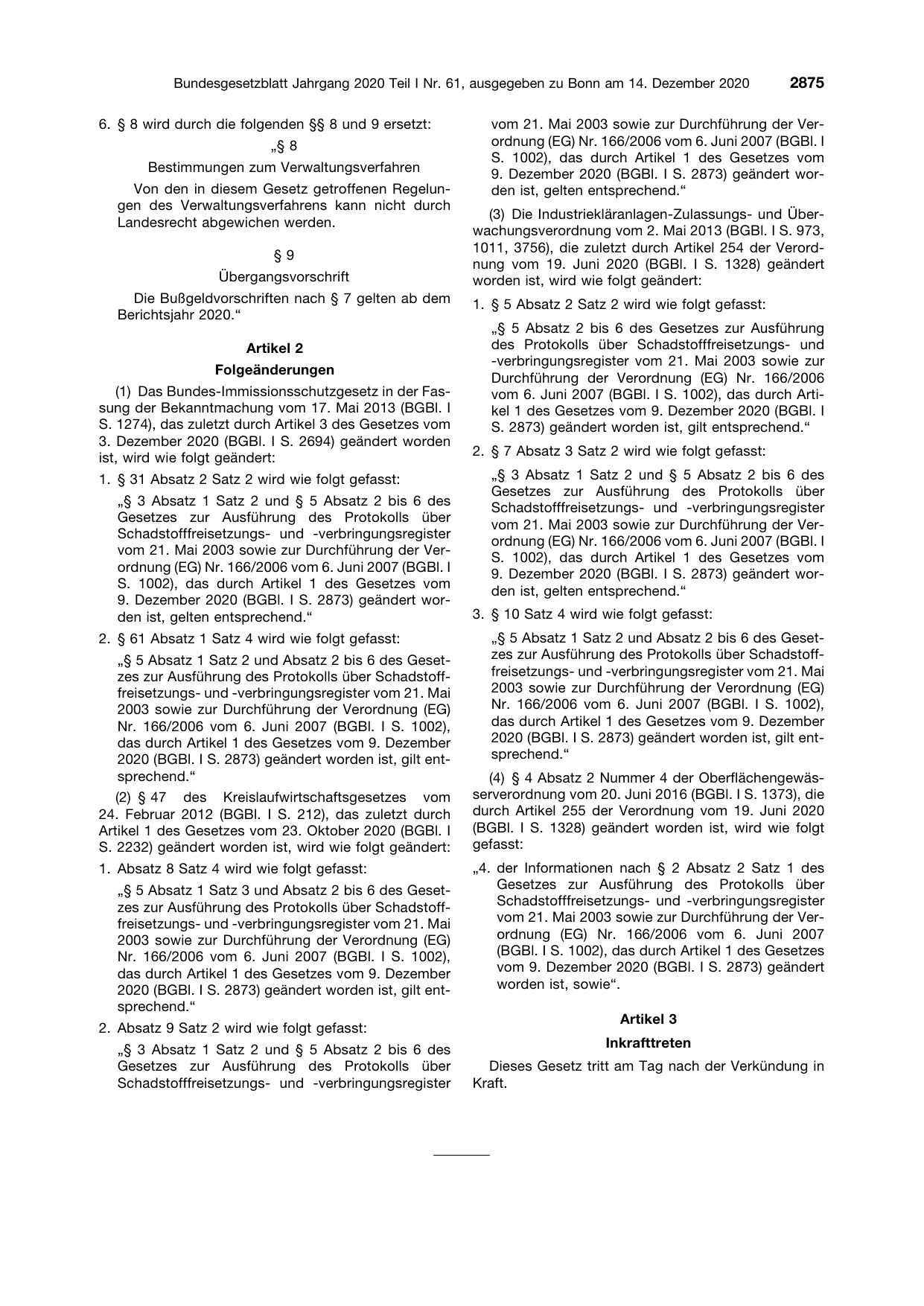 BGBl. 2020, Seite 2875 — Originalseite als Abbildung