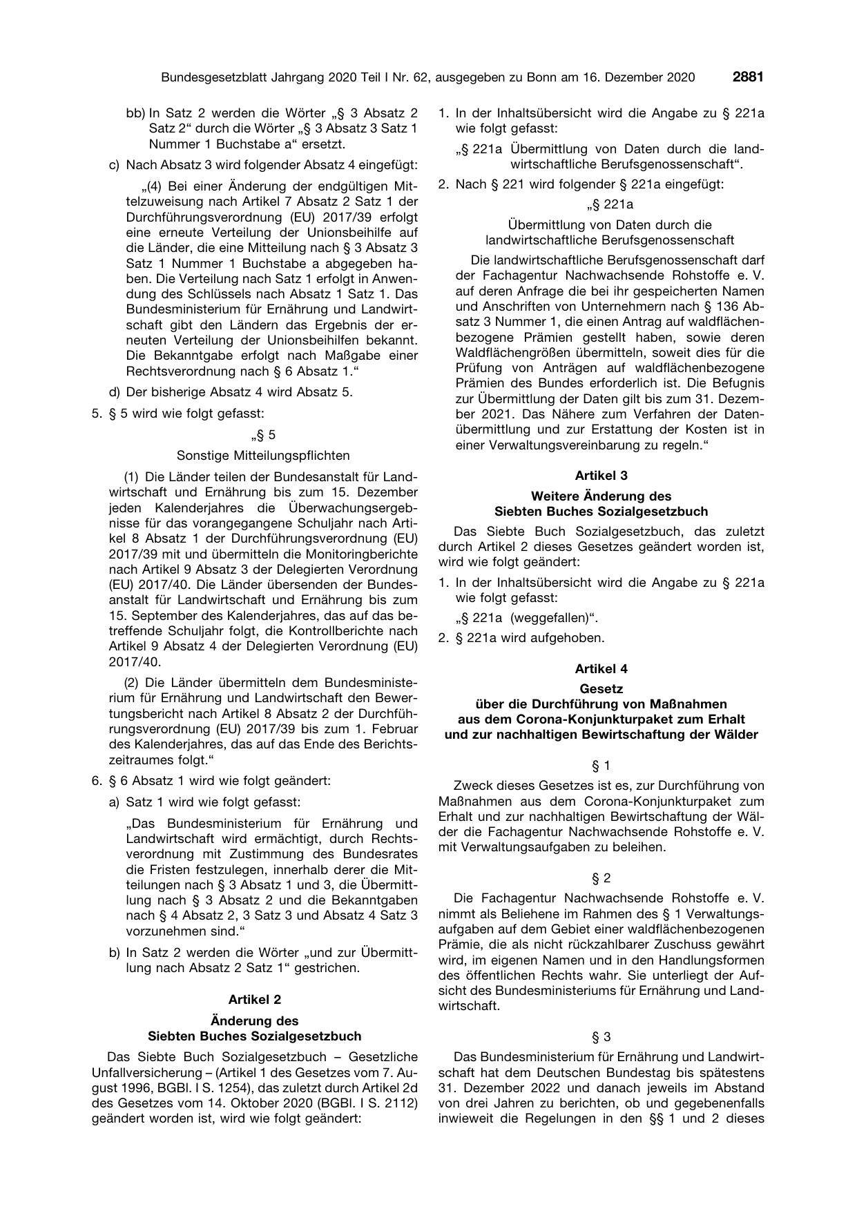 BGBl. 2020, Seite 2881 — Originalseite als Abbildung