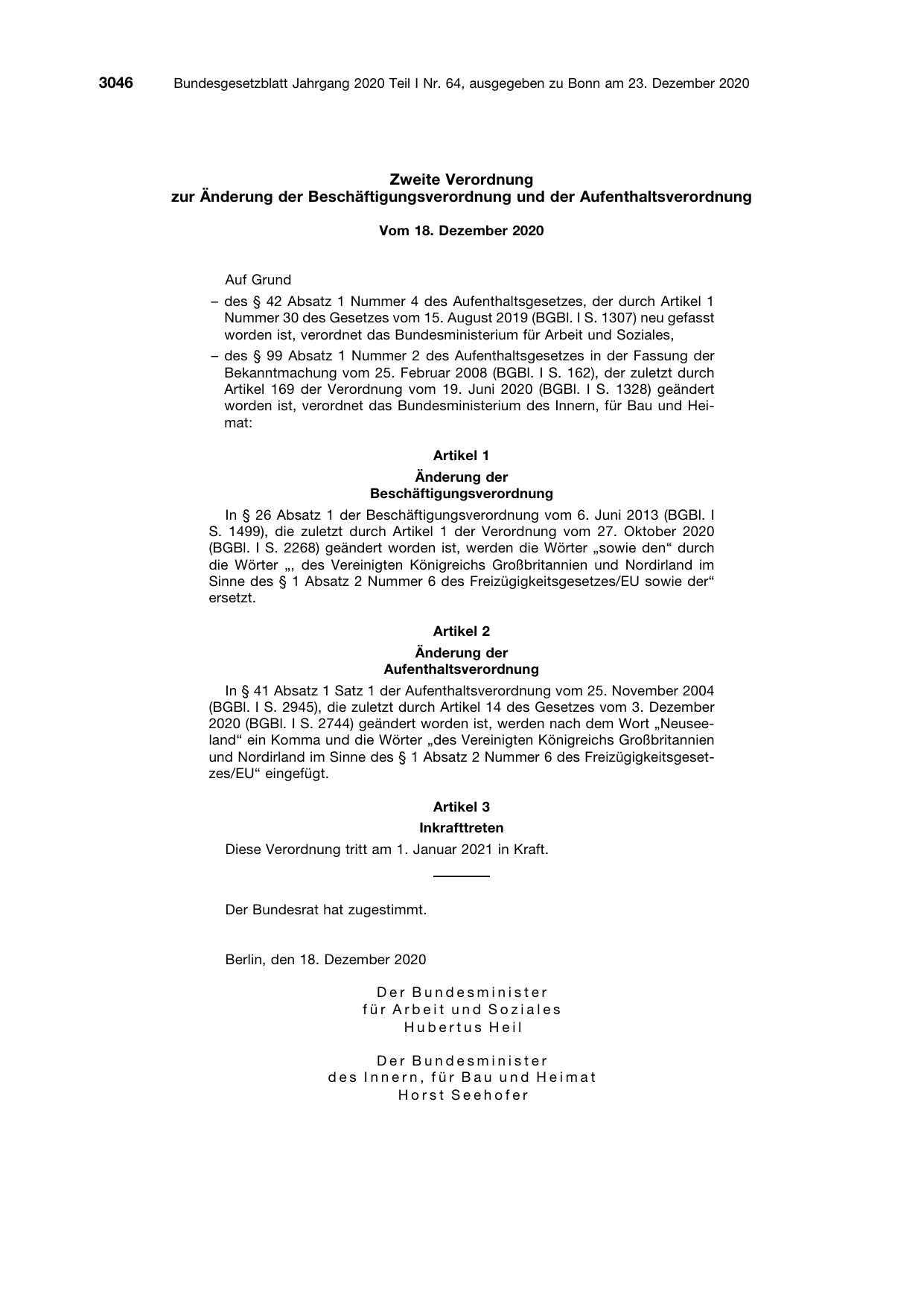 BGBl. 2020, Seite 3046 — Originalseite als Abbildung