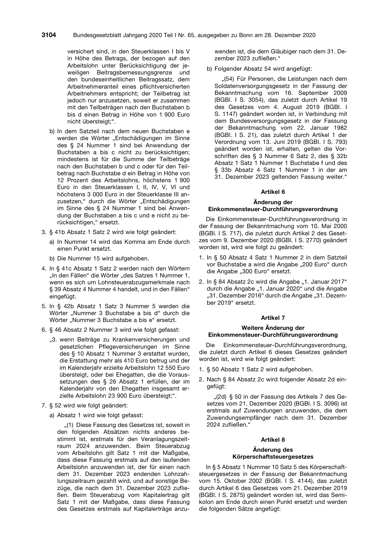 BGBl. 2020, Seite 3104 — Originalseite als Abbildung