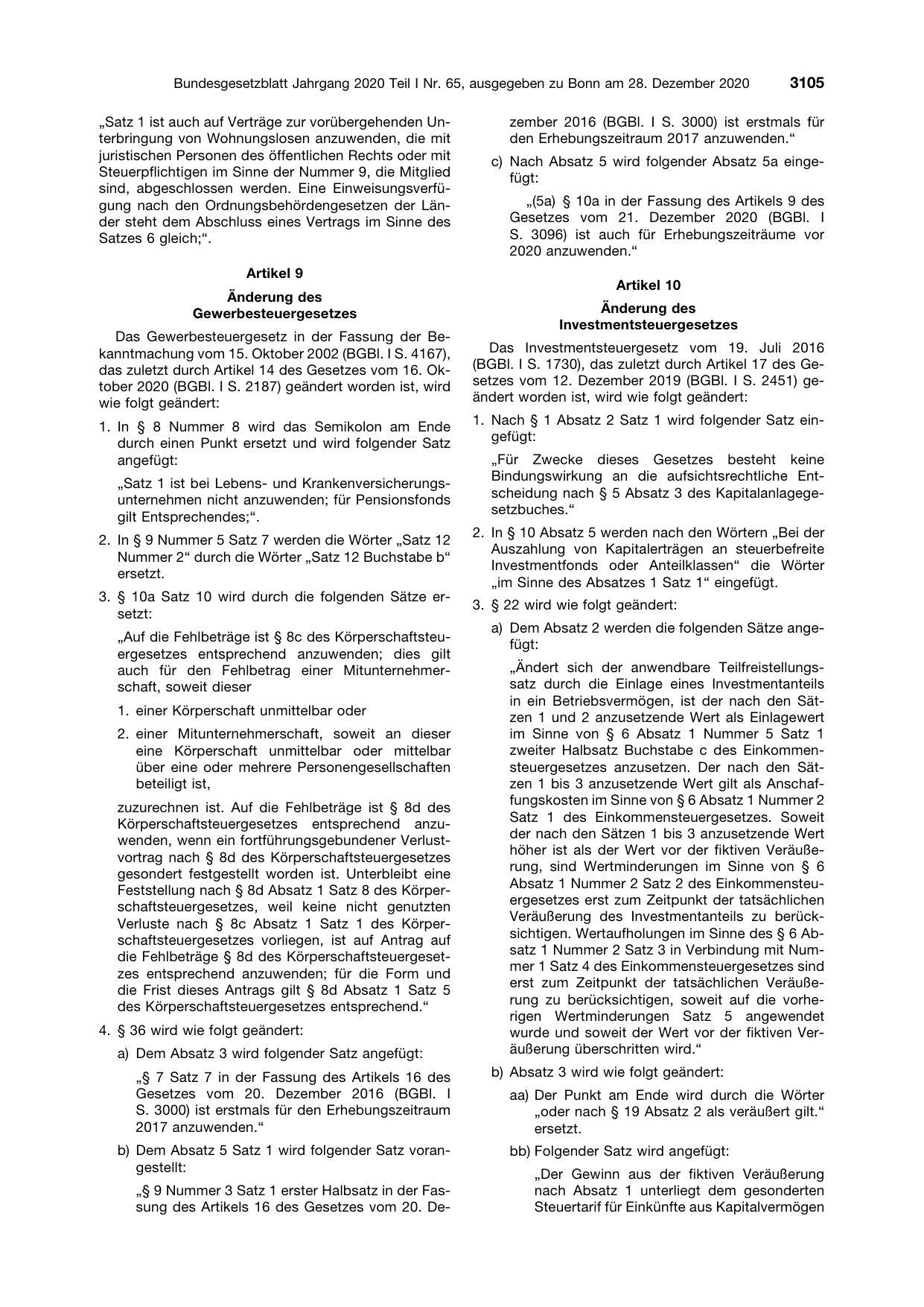 BGBl. 2020, Seite 3105 — Originalseite als Abbildung