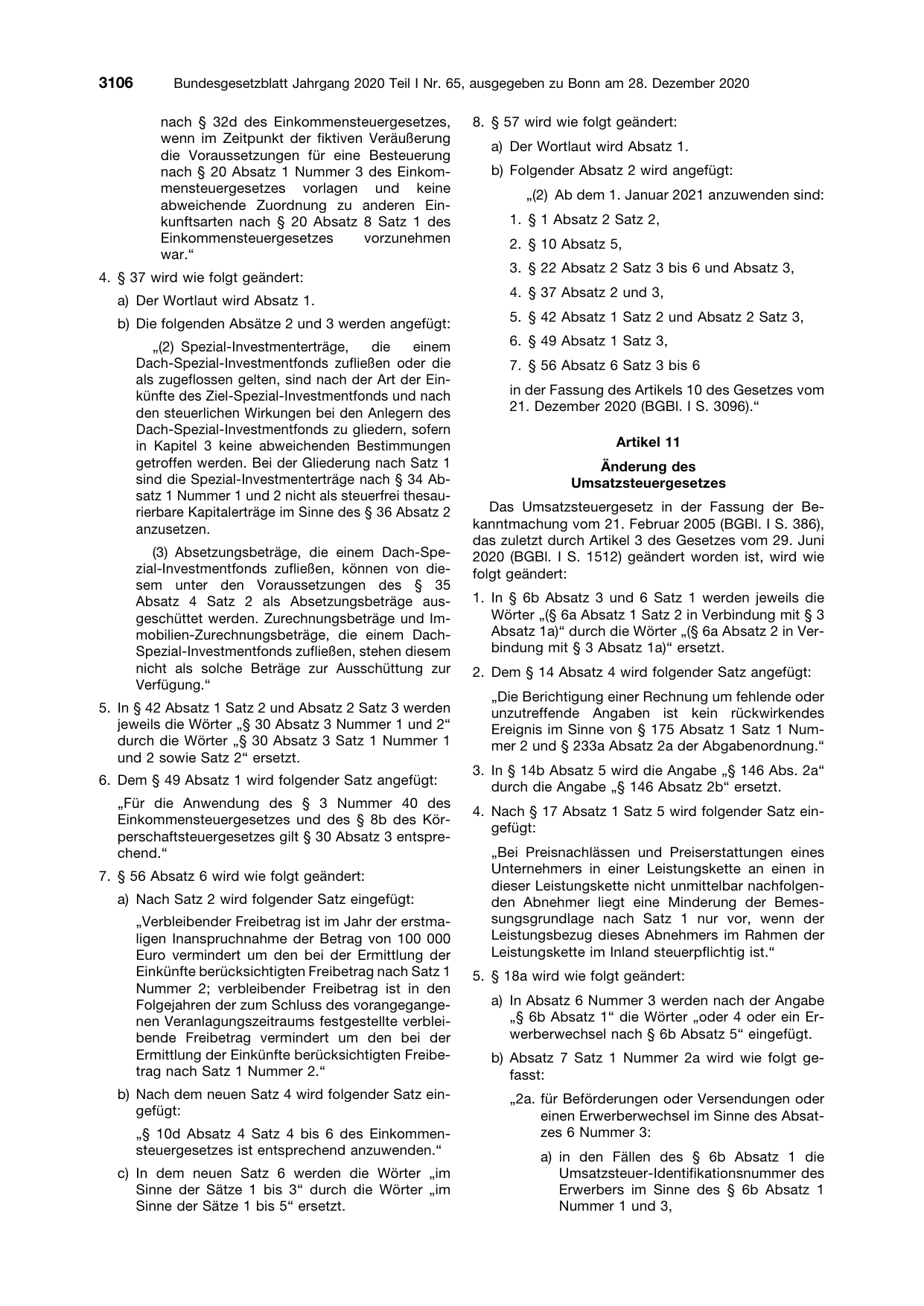 BGBl. 2020, Seite 3106 — Originalseite als Abbildung