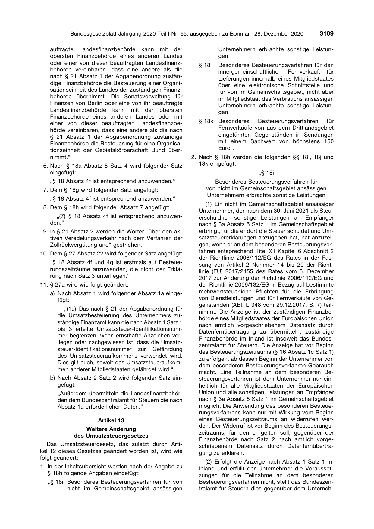 BGBl. 2020, Seite 3109 — Originalseite als Abbildung