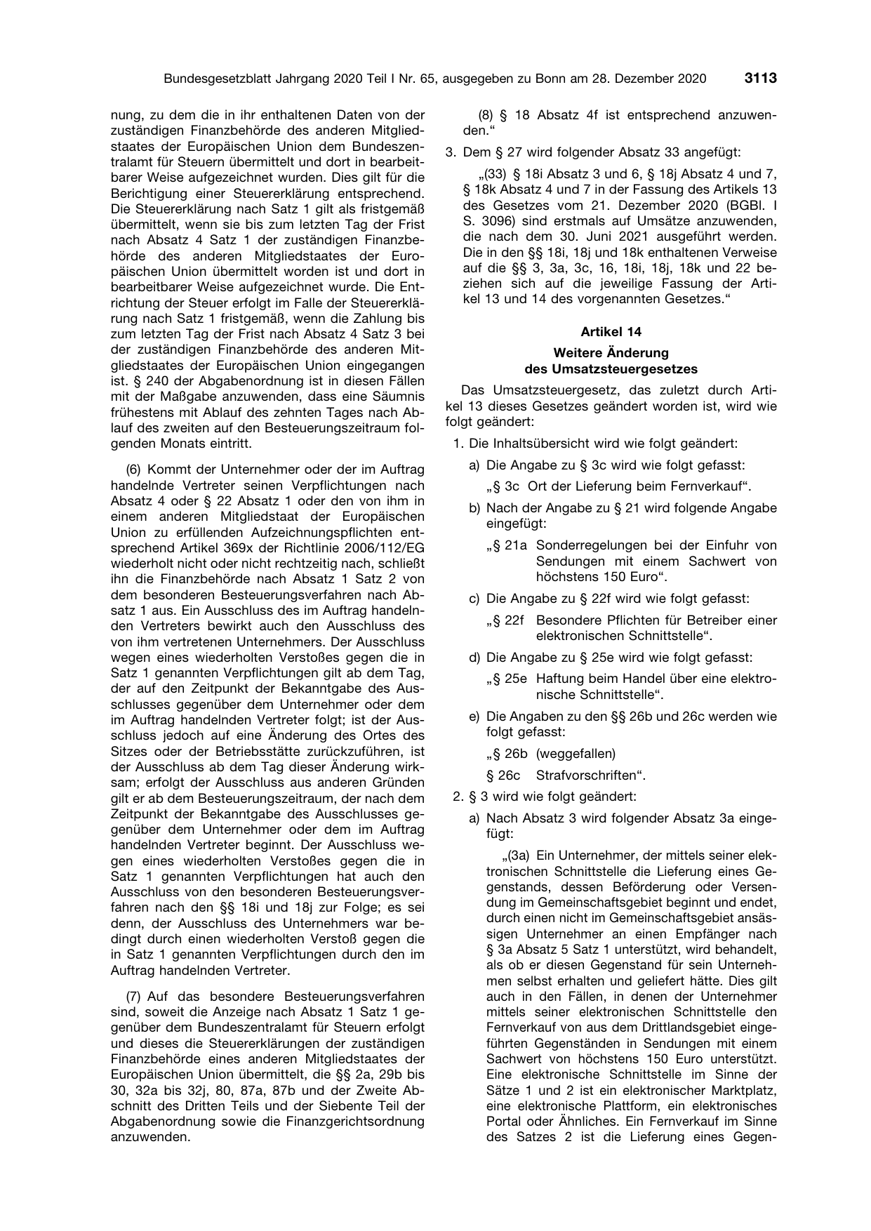 BGBl. 2020, Seite 3113 — Originalseite als Abbildung