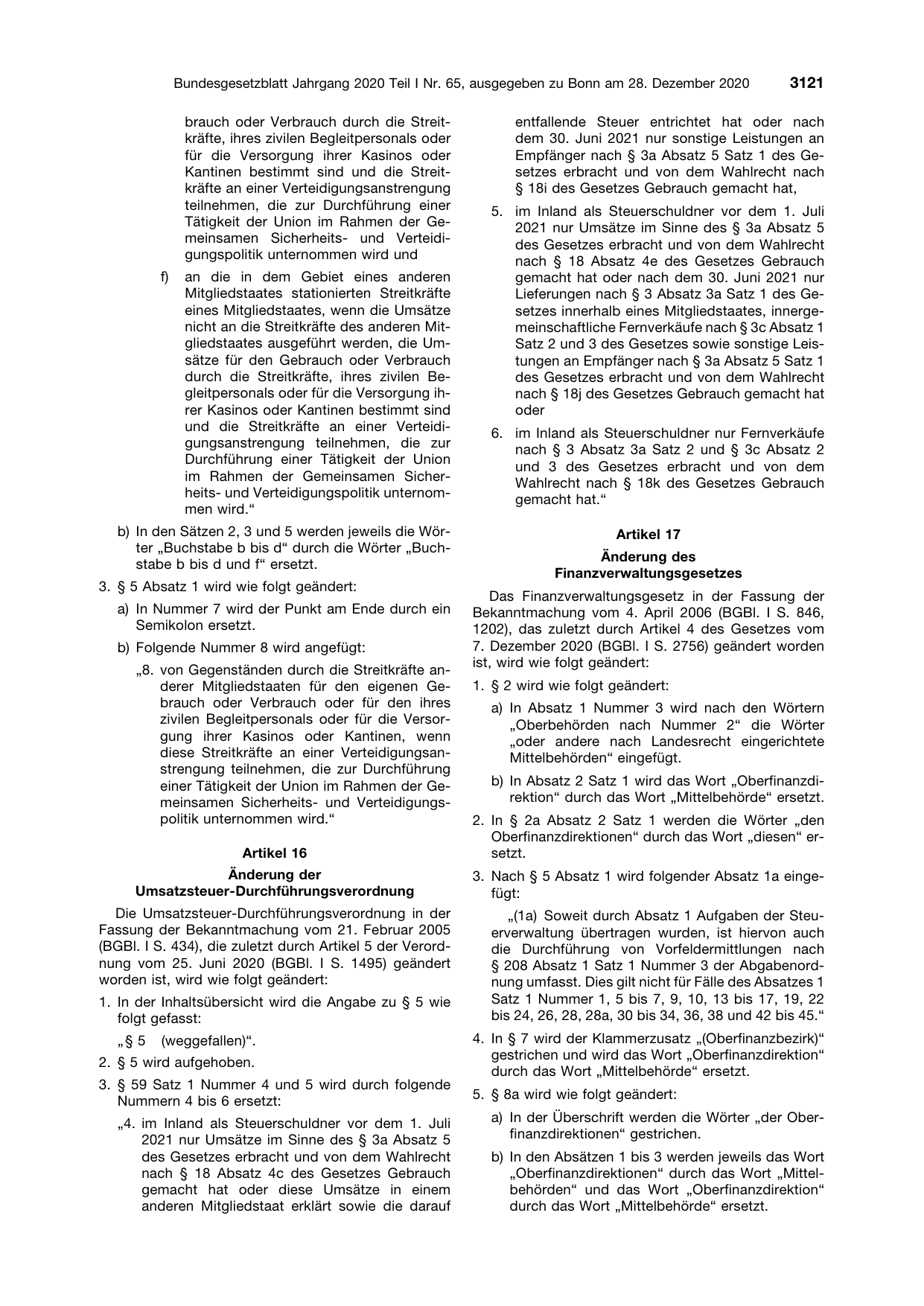 BGBl. 2020, Seite 3121 — Originalseite als Abbildung