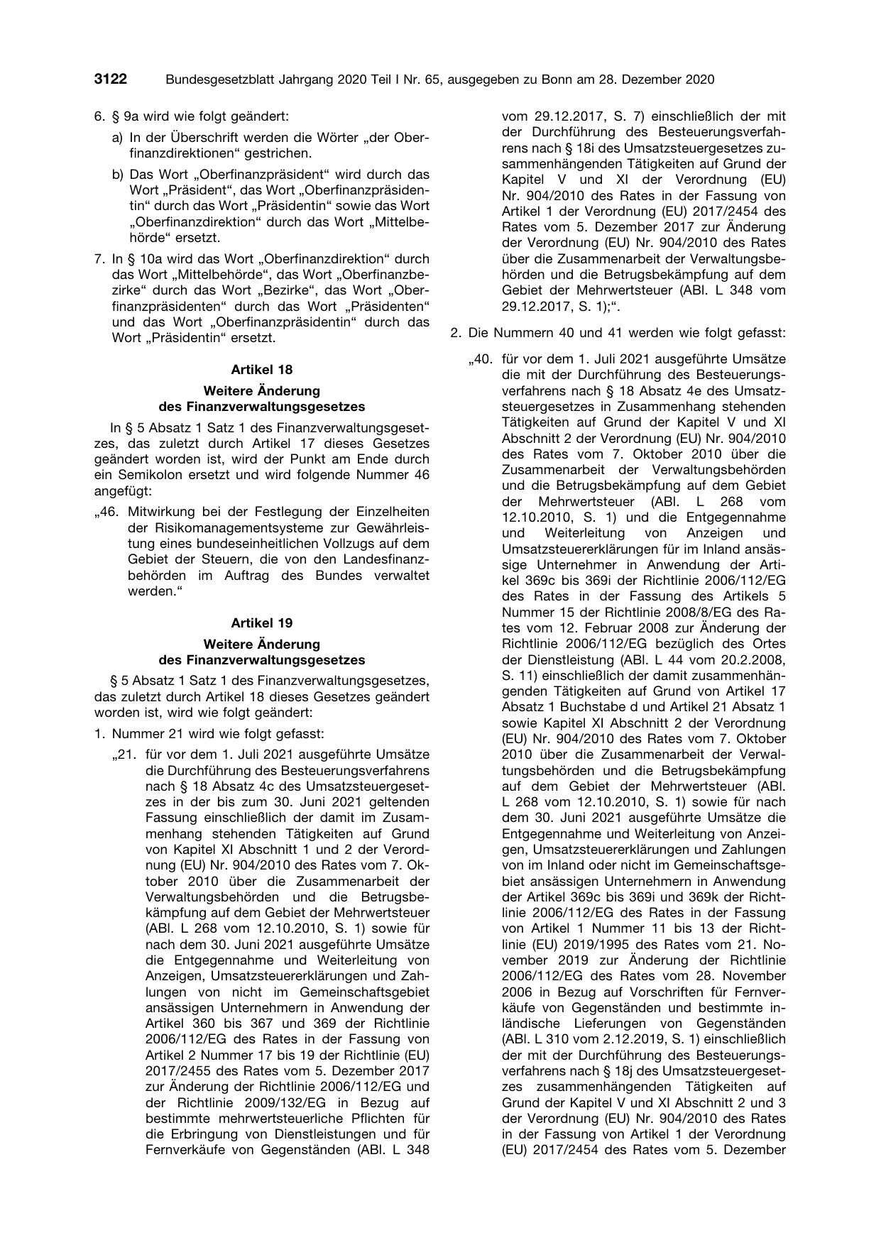 BGBl. 2020, Seite 3122 — Originalseite als Abbildung