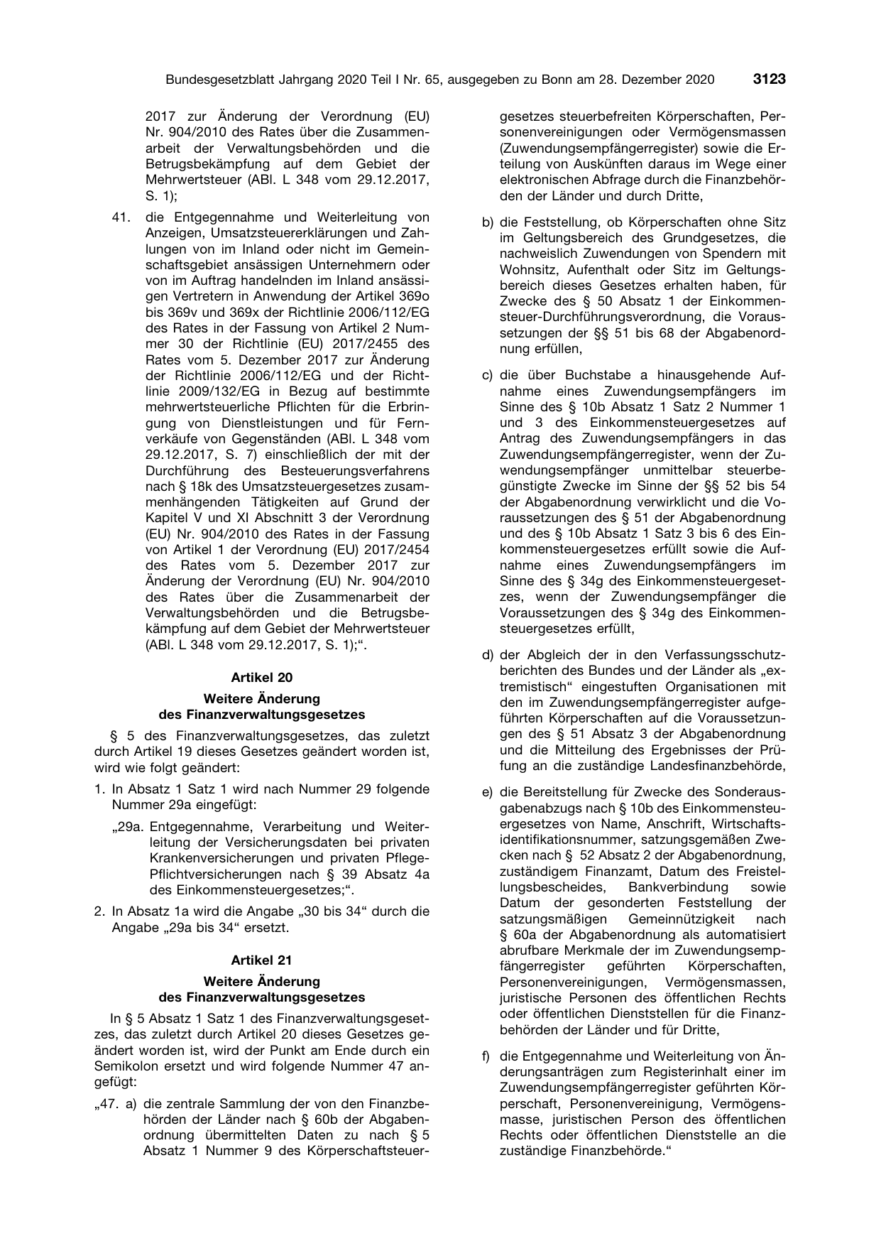 BGBl. 2020, Seite 3123 — Originalseite als Abbildung