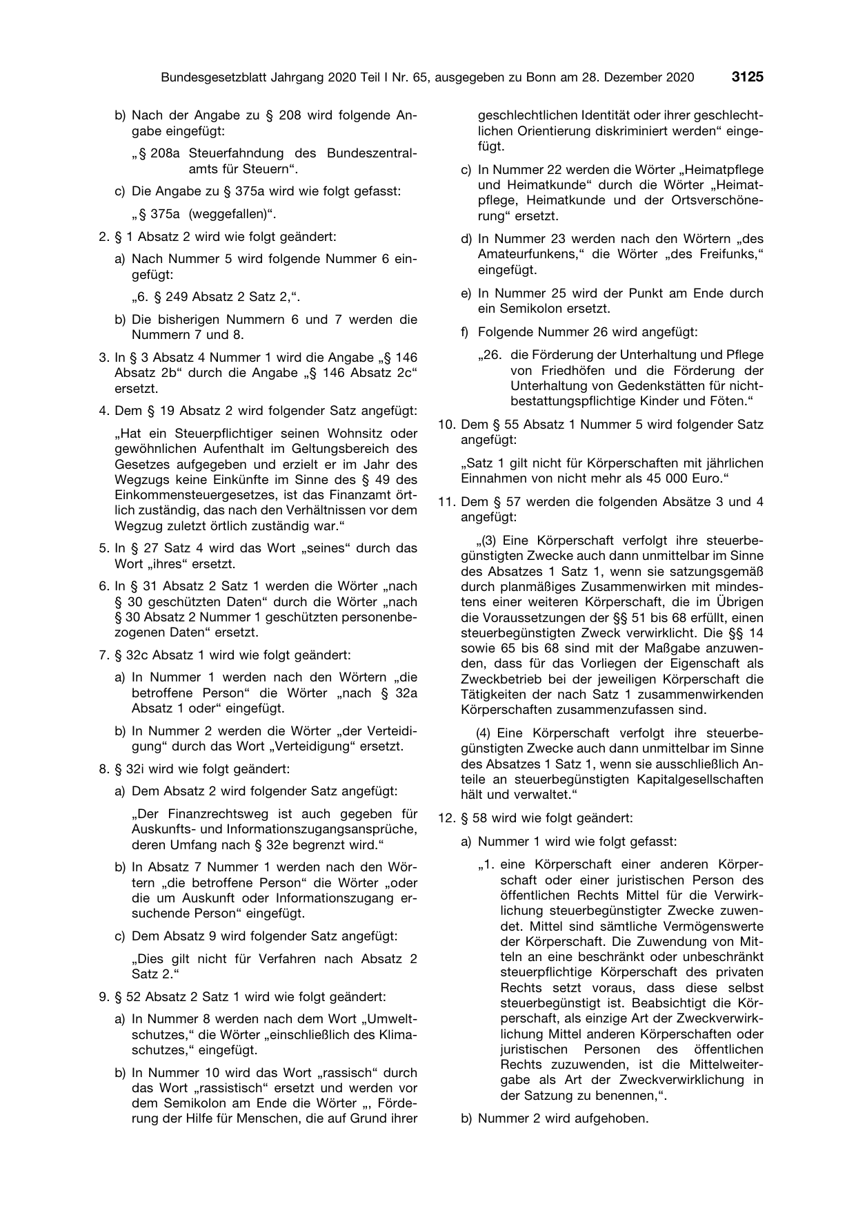 BGBl. 2020, Seite 3125 — Originalseite als Abbildung