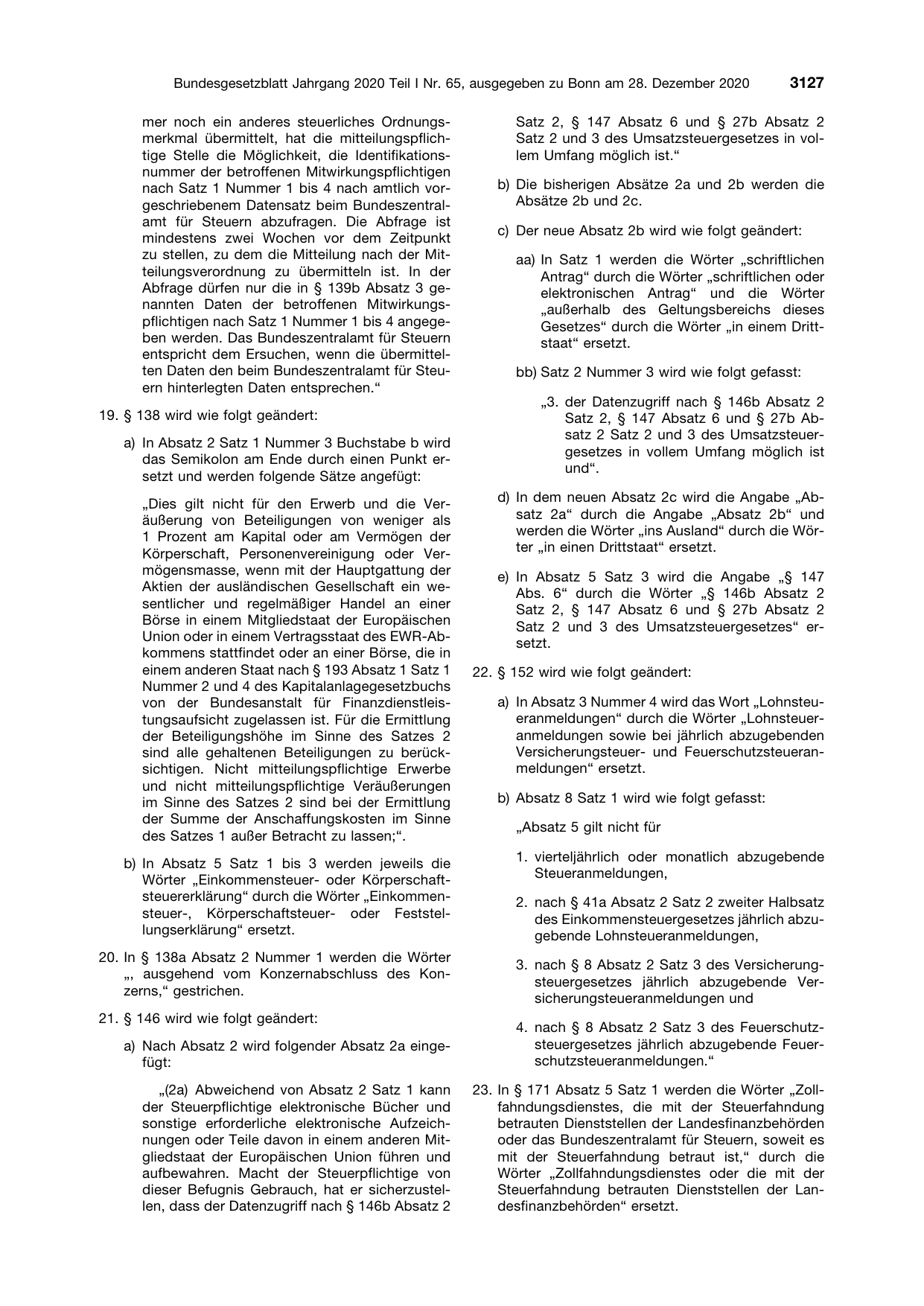 BGBl. 2020, Seite 3127 — Originalseite als Abbildung
