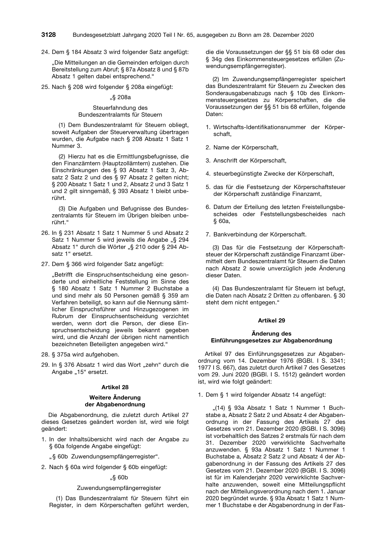 BGBl. 2020, Seite 3128 — Originalseite als Abbildung