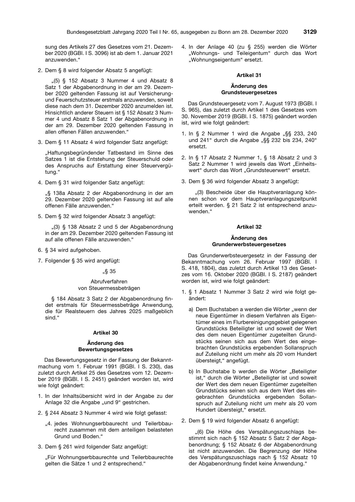 BGBl. 2020, Seite 3129 — Originalseite als Abbildung